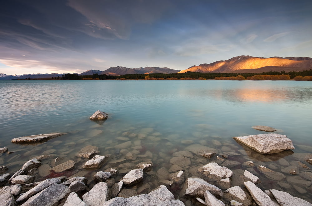 scenics, body, cloudy, body of water, lake  tekapo, near, sky, nz, new zealand, sunset, tekapo, outdoors, summer, mountain, 480P, water, reflection, lake, HD Wallpaper