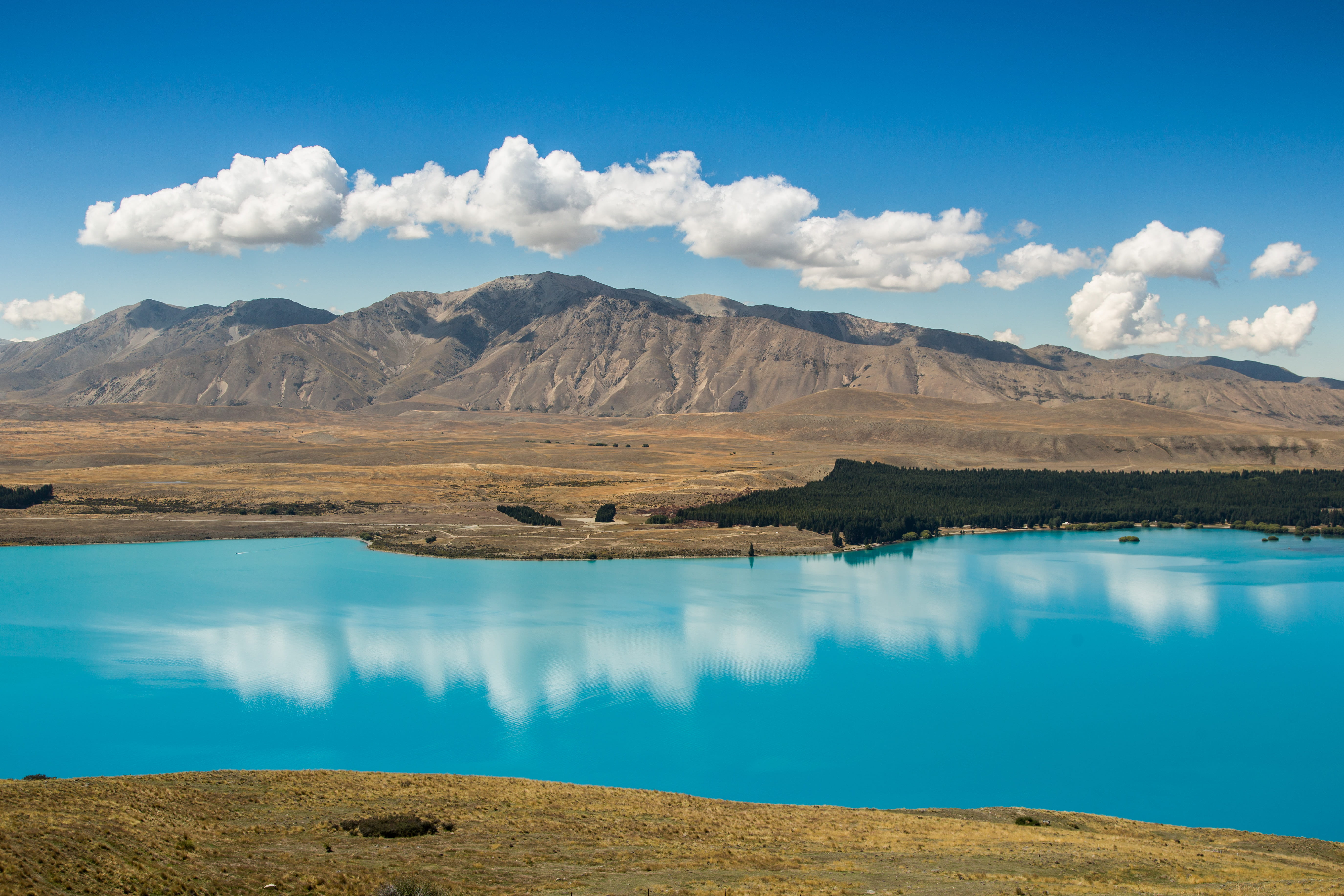 5K, blue, aerial, tranquil scene, lake, outdoors, mountain range, cloud, daytime, body, reflection, cloud - sky, new zealand, mountain, day, bright, beauty in nature, HD Wallpaper