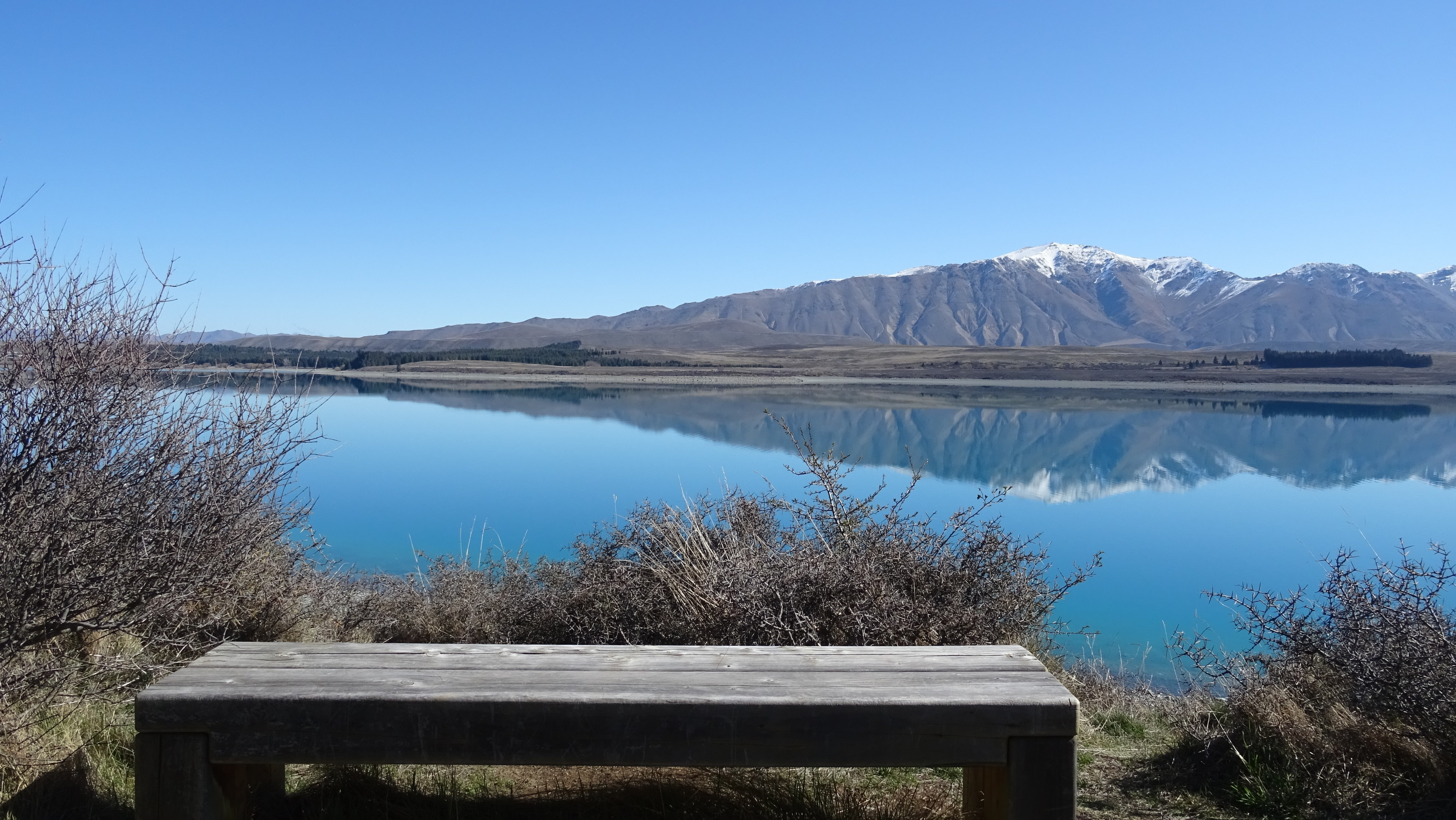 cold temperature, landscape snowy peak bench new zealand lake tekapo, clear sky, mountain peak, lake, tranquility, scenics - nature, snowcapped mountain, HD Wallpaper