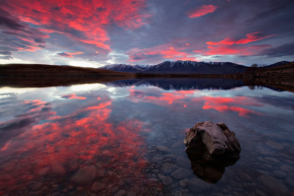 body of water, Watching and Waiting, sunset, body, Canon, water, Mcgregor, brown, 480P, rock, rock on, Sunrise, red, South Island NZ, Manfrotto, Lake, HD Wallpaper