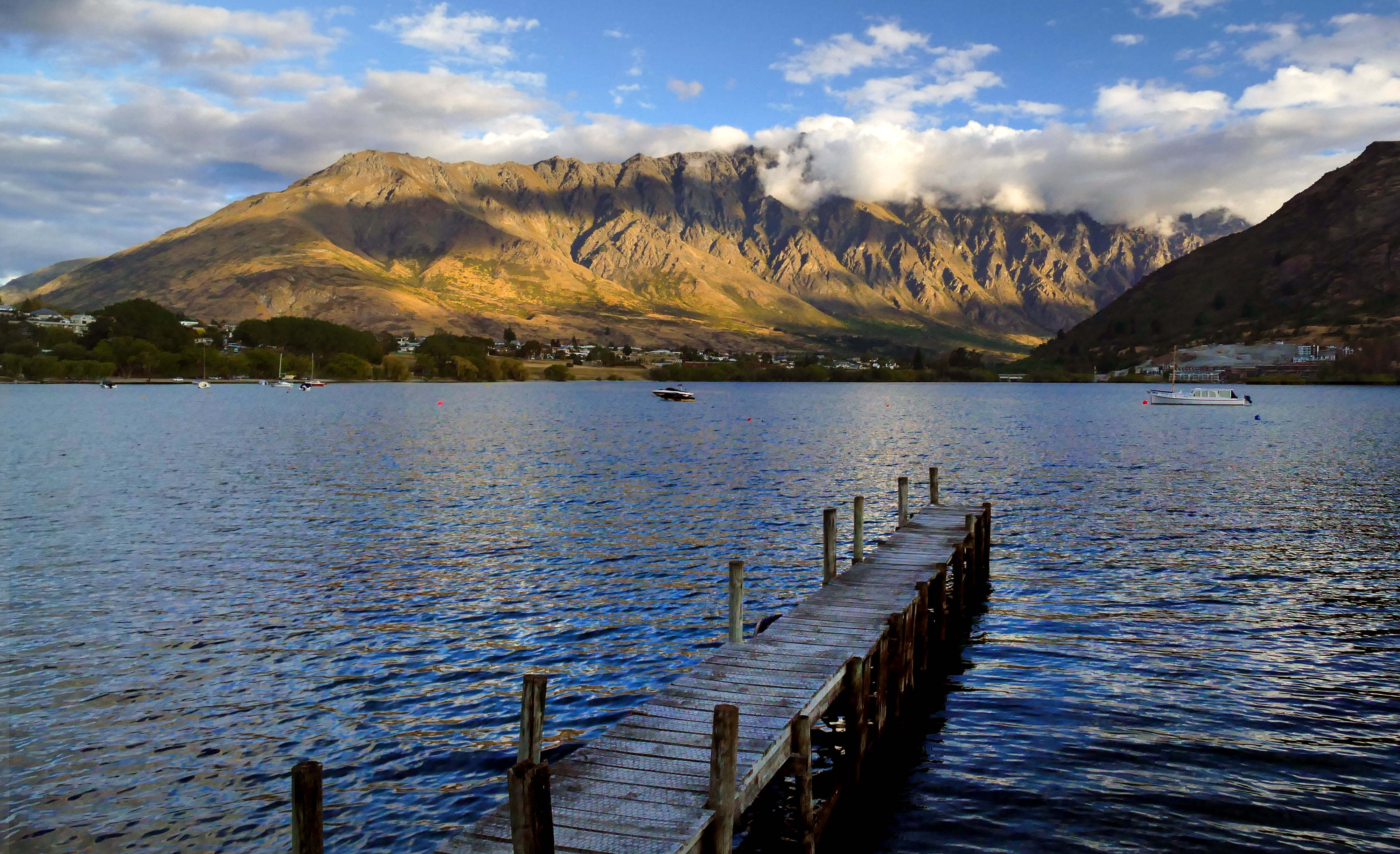 mountain, water, lake, scenics, near, brown, wooden, Lumix FZ1000, geo tagged, 4K, CC0, Dedication, queenstown, brown mountain, New Zealand, photos, summer, HD Wallpaper