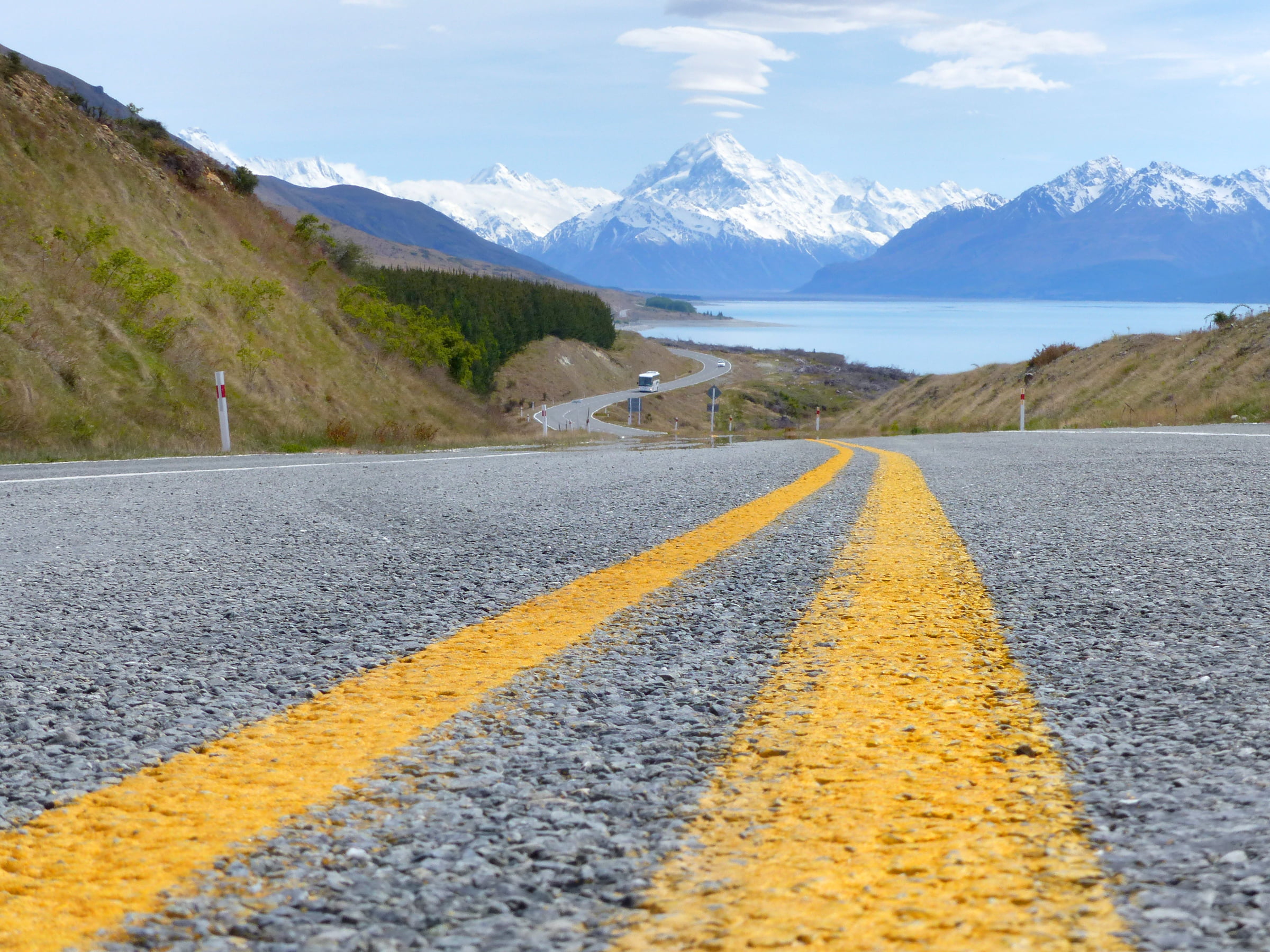 photos, cook, photography, Road markings, geo tagged, Mount Cook, passing, new Zealand, nature, snowy, asphalt, NZ, travel, road, daytime, leading, 1080P, HD Wallpaper