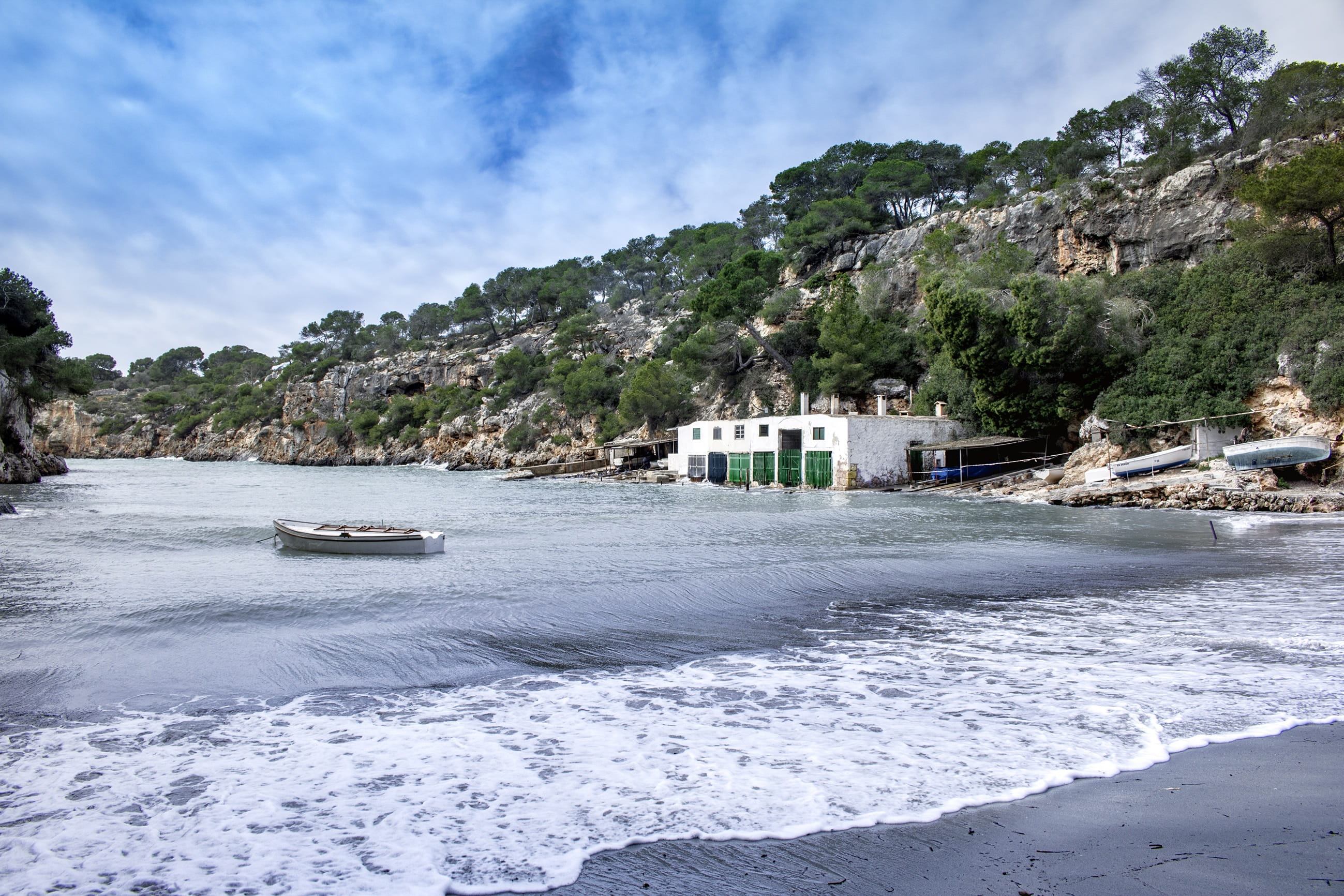beach, balearic islands, llucmajor, 2K, wave, cloud - sky, sea, no people, day, cala pi, built structure, coast, waters, scenics - nature, tourism, tree, HD Wallpaper