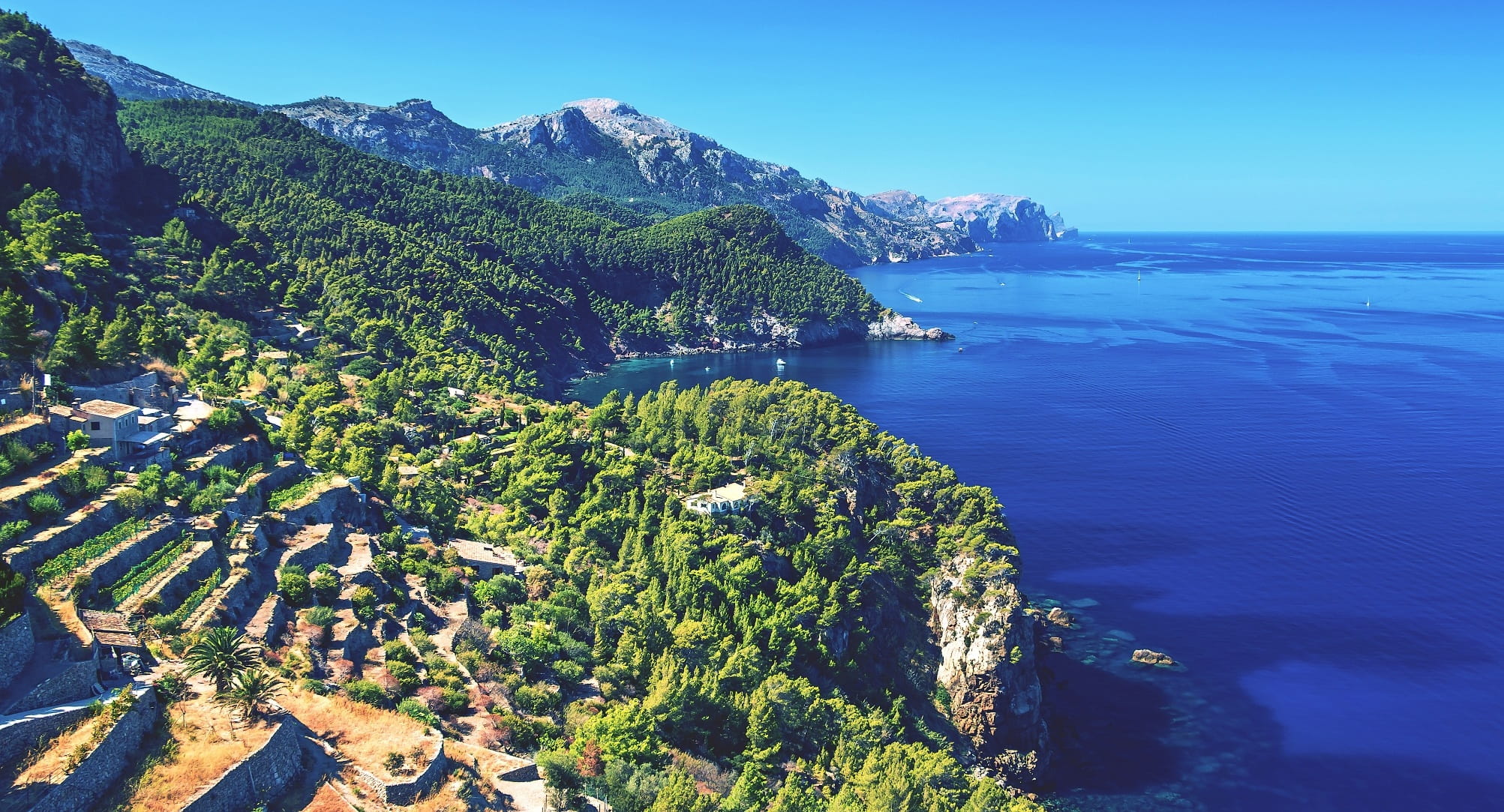 green, cliff, outdoors, west coast of majorca, water, western mallorca, cultivation, plant, 1080P, day, tranquility, high angle view, trees, travel, sea ​​view, HD Wallpaper