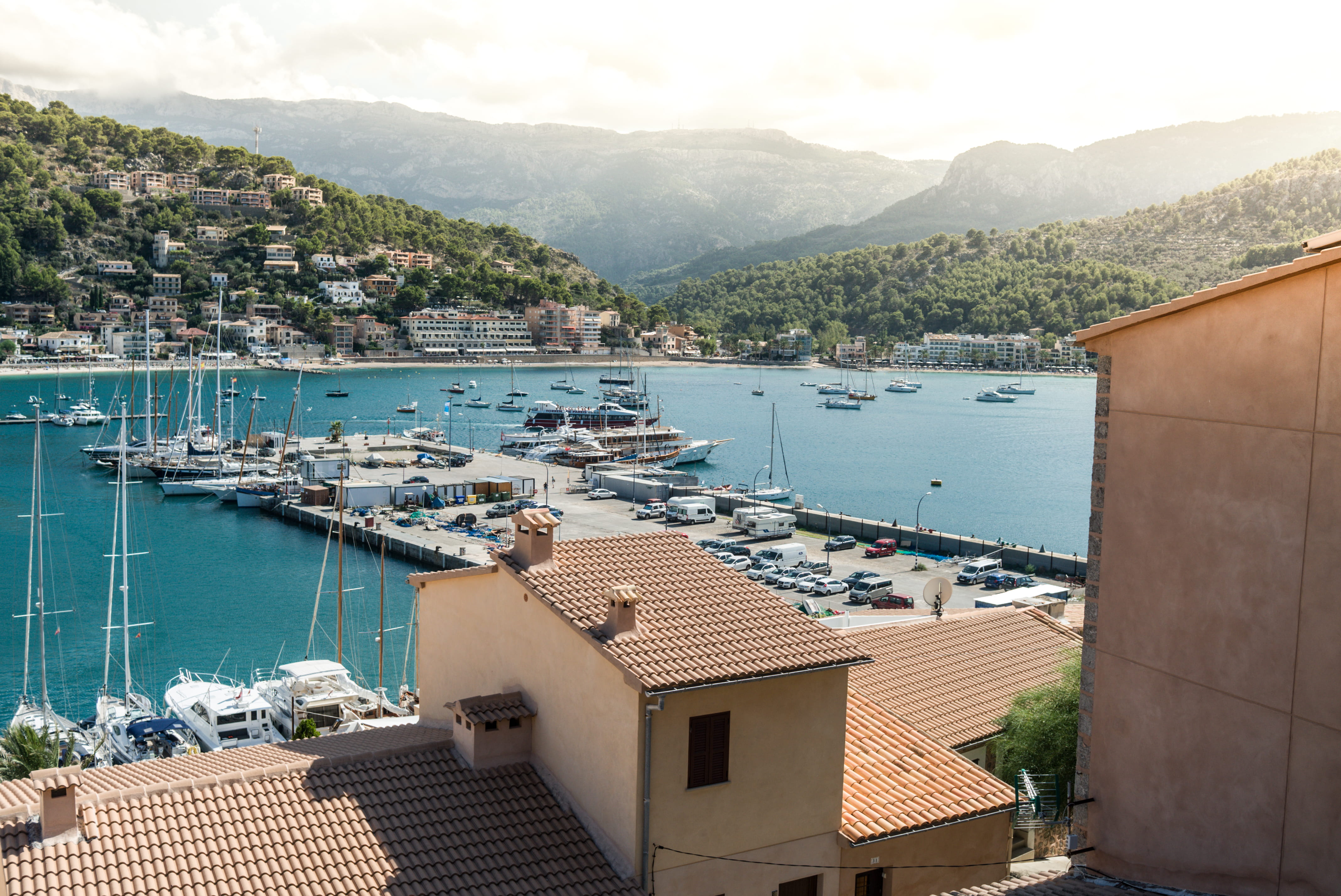 spain, bay, high angle view, 4K, mountain range, sea, majorca, sunlight, nautical vessel, townscape, residential district, malljorca, boats, view, transportation, HD Wallpaper