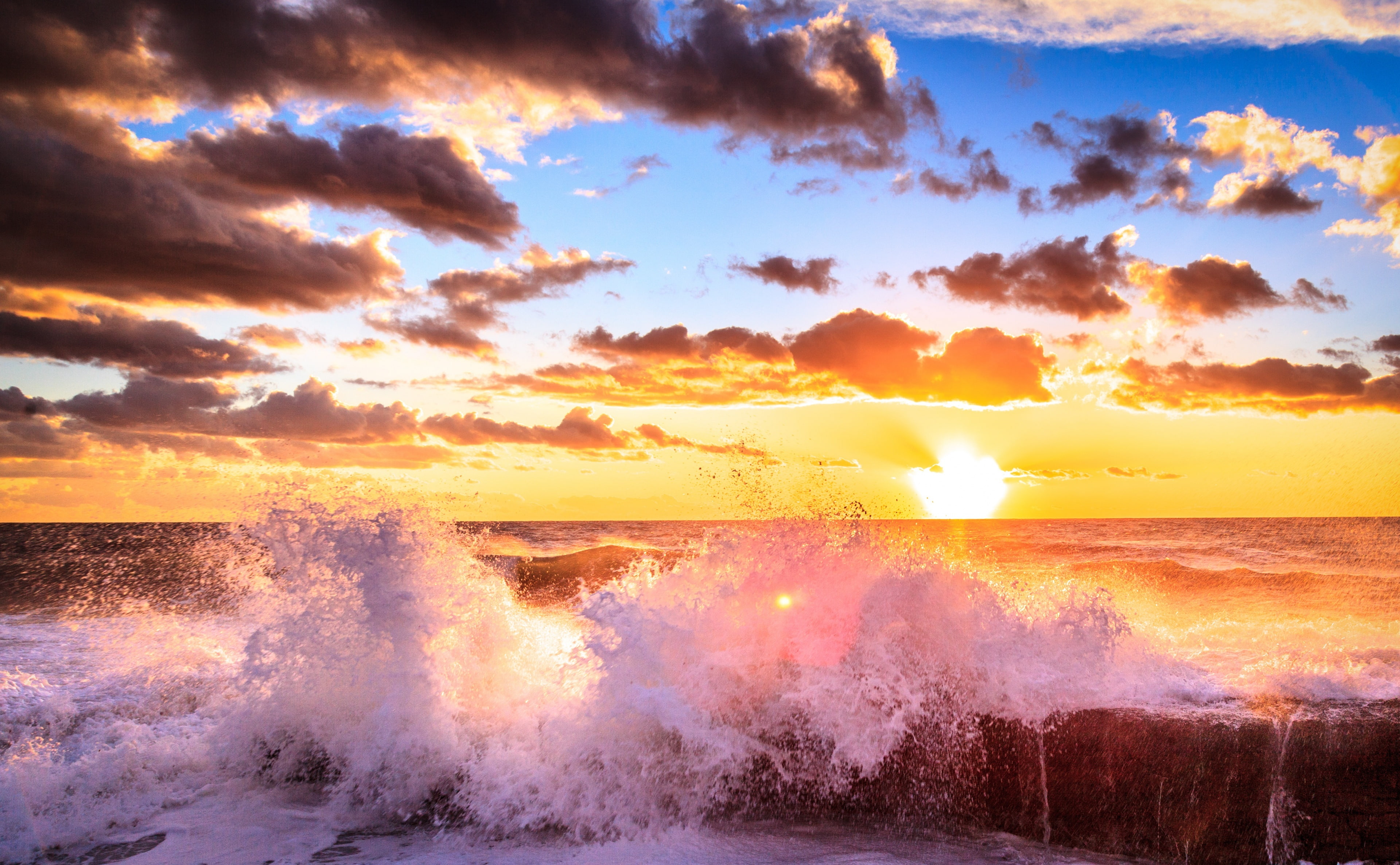 Beautiful, Splash, splashing, breaking, orange color, outdoors, crashing, Vivid, Rocks, tranquil scene, non-urban scene, Sunslight, Cloudy, sun, power in nature, HD Wallpaper