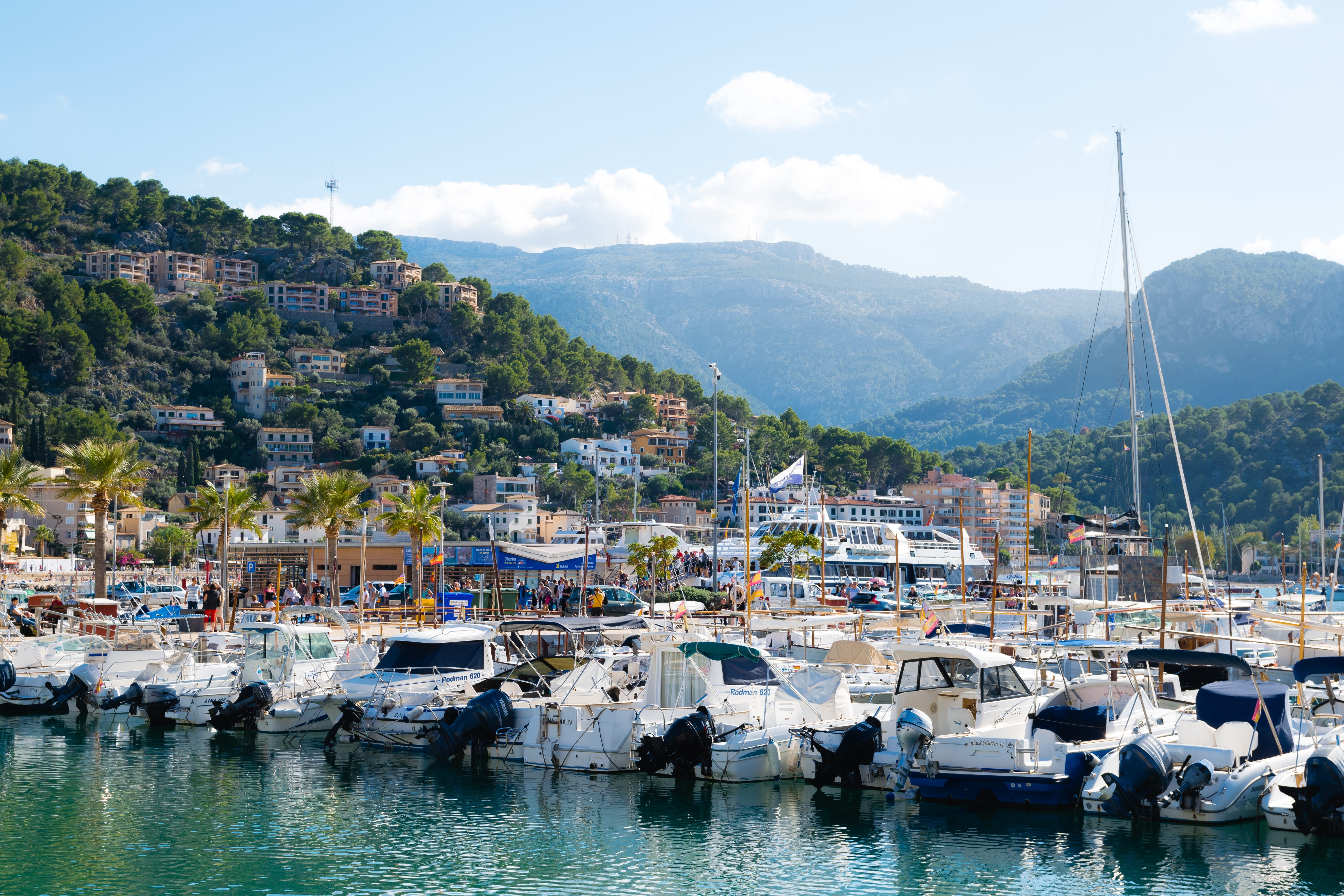 building exterior, tree, harbor, port, mountain range, green, waterfront, cloud - sky, nature, majorca, reflections, mode of transportation, port de sóller, HD Wallpaper