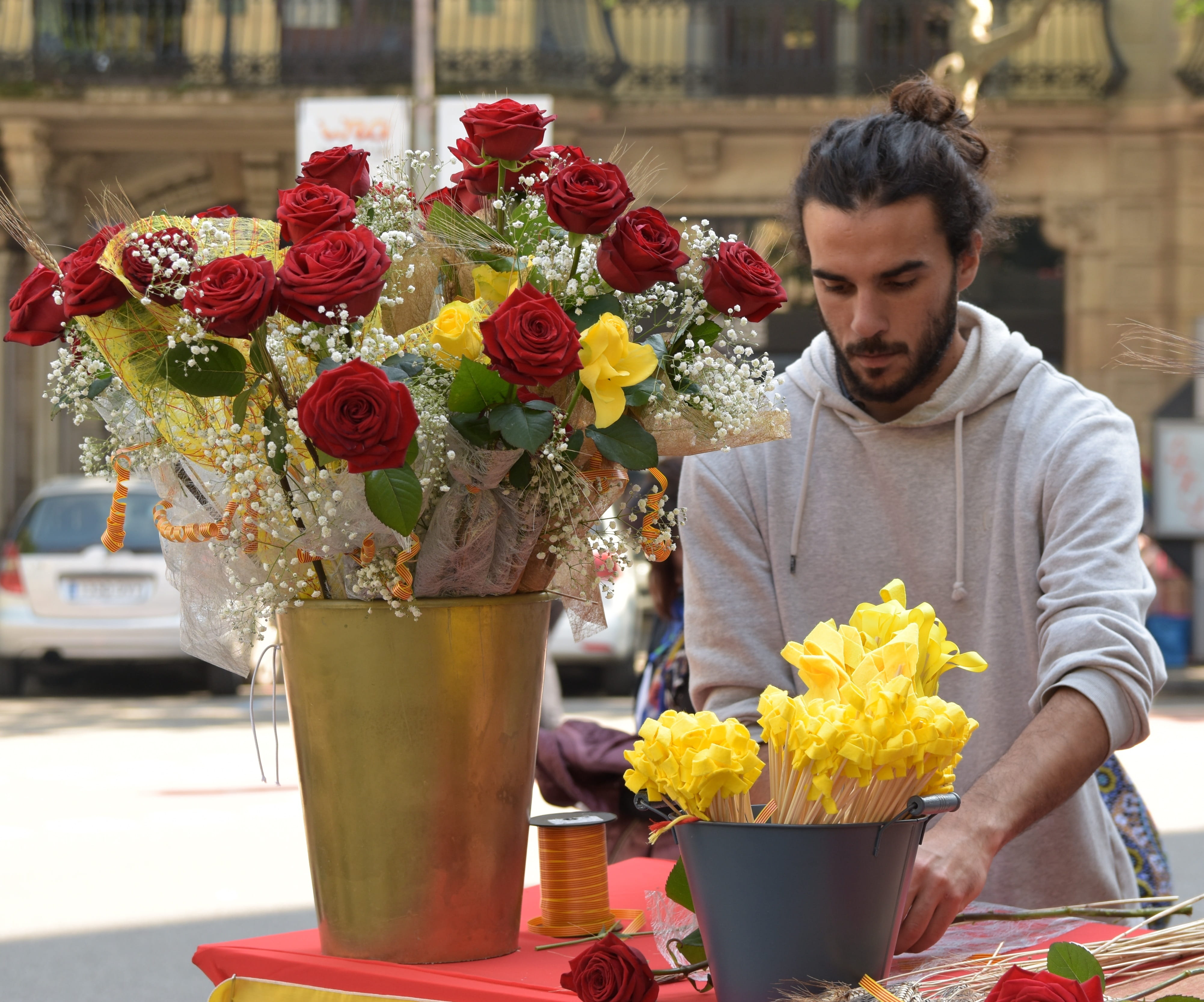 flower, young adult, men, focus on foreground, standing, plant, holding, catalonia, one person, flower arrangement, front view, sant jordi, celebration, HD Wallpaper