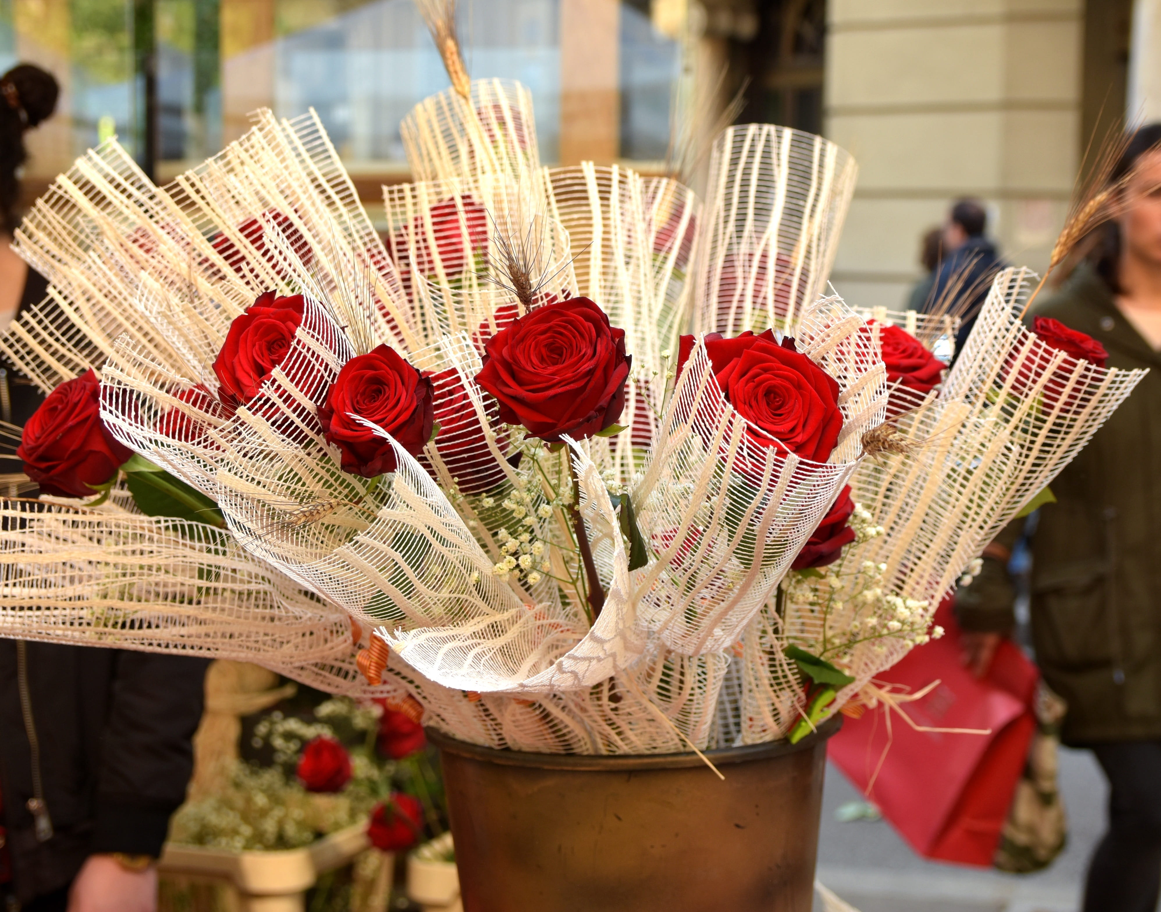roses, sunlight, tradition, focus on foreground, real people, red, holding, adult, close-up, day, bouquet, catalonia, built structure, arrangement, nature, HD Wallpaper