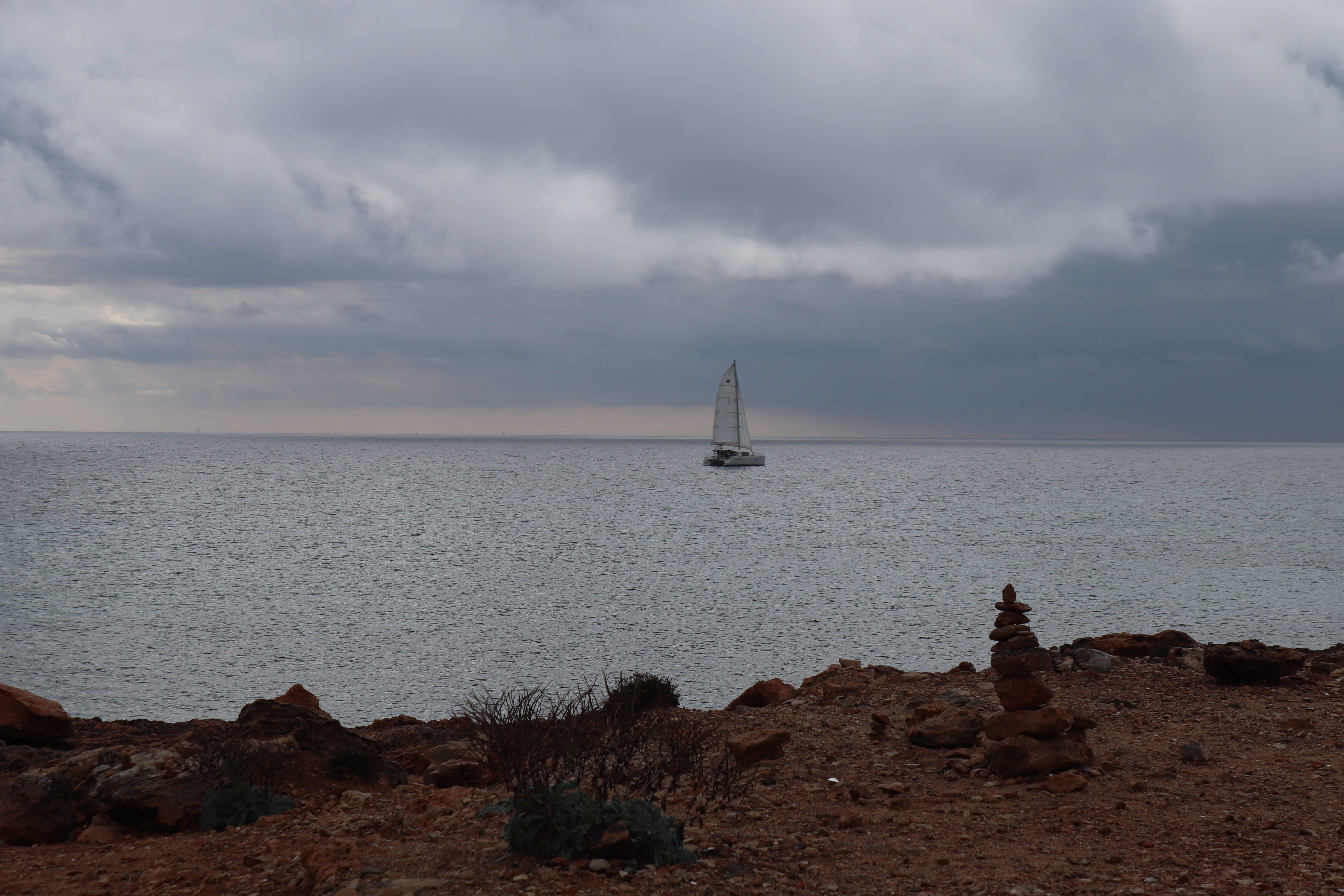 stone coast, cloud - sky, outdoors, mallorca, rock - object, no people, nature, tranquil scene, coast, rock, boot, mood, scenics - nature, ship, cairn, HD Wallpaper