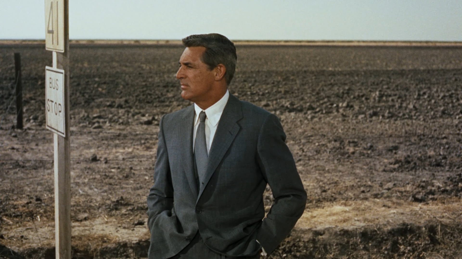 gray, sadness, one person, agriculture, looking, occupation, standing, suit, outdoors, s, roger thornhill, 1959, north by northwest, farm, males, men, mature adult, HD Wallpaper
