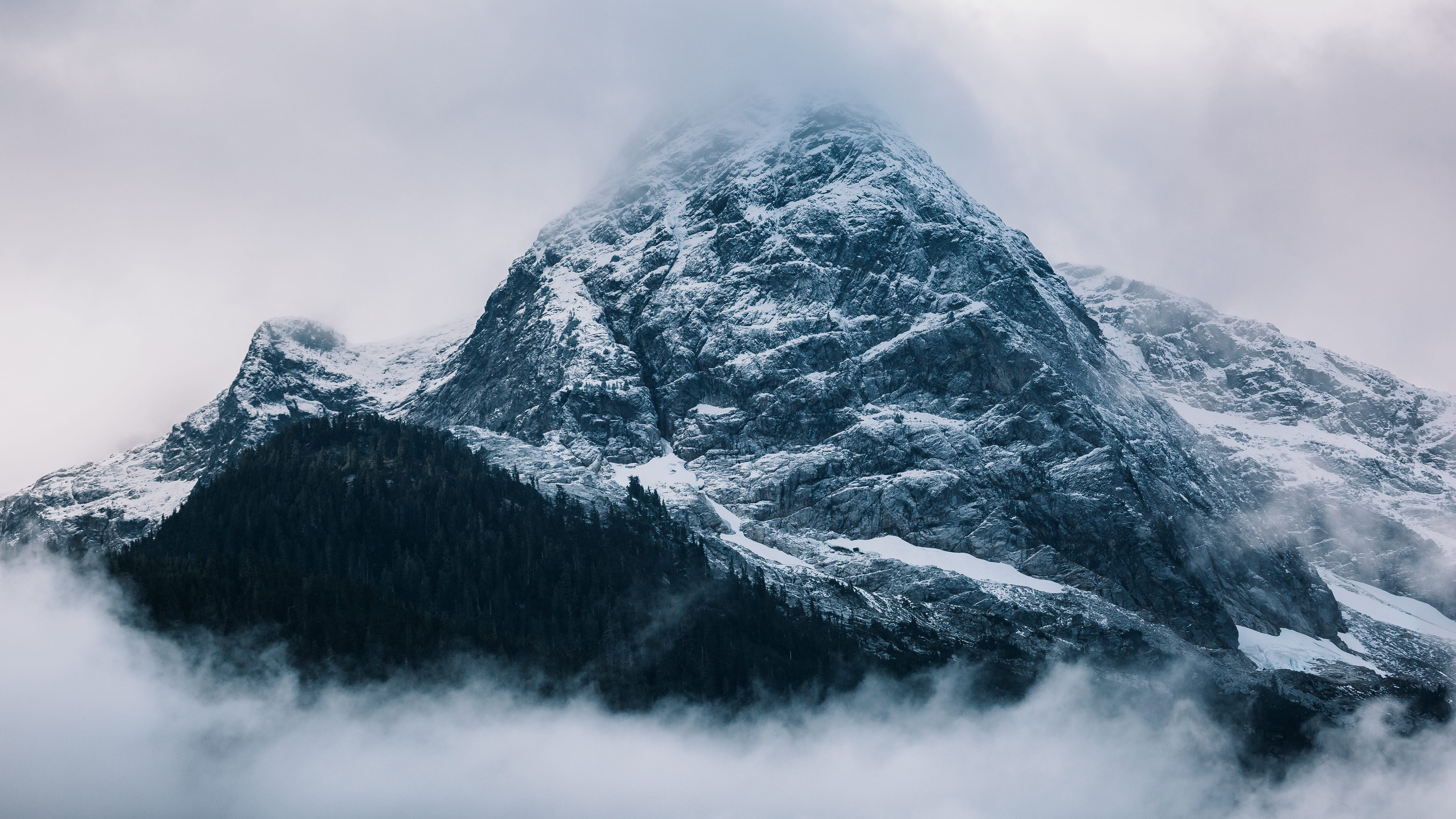5K, landscape, pnw, forest, mountain peak, rugged, beauty in nature, cloud, rough, tree, black, peak, fog, pacific northwest, snowcapped mountain, sky, HD Wallpaper