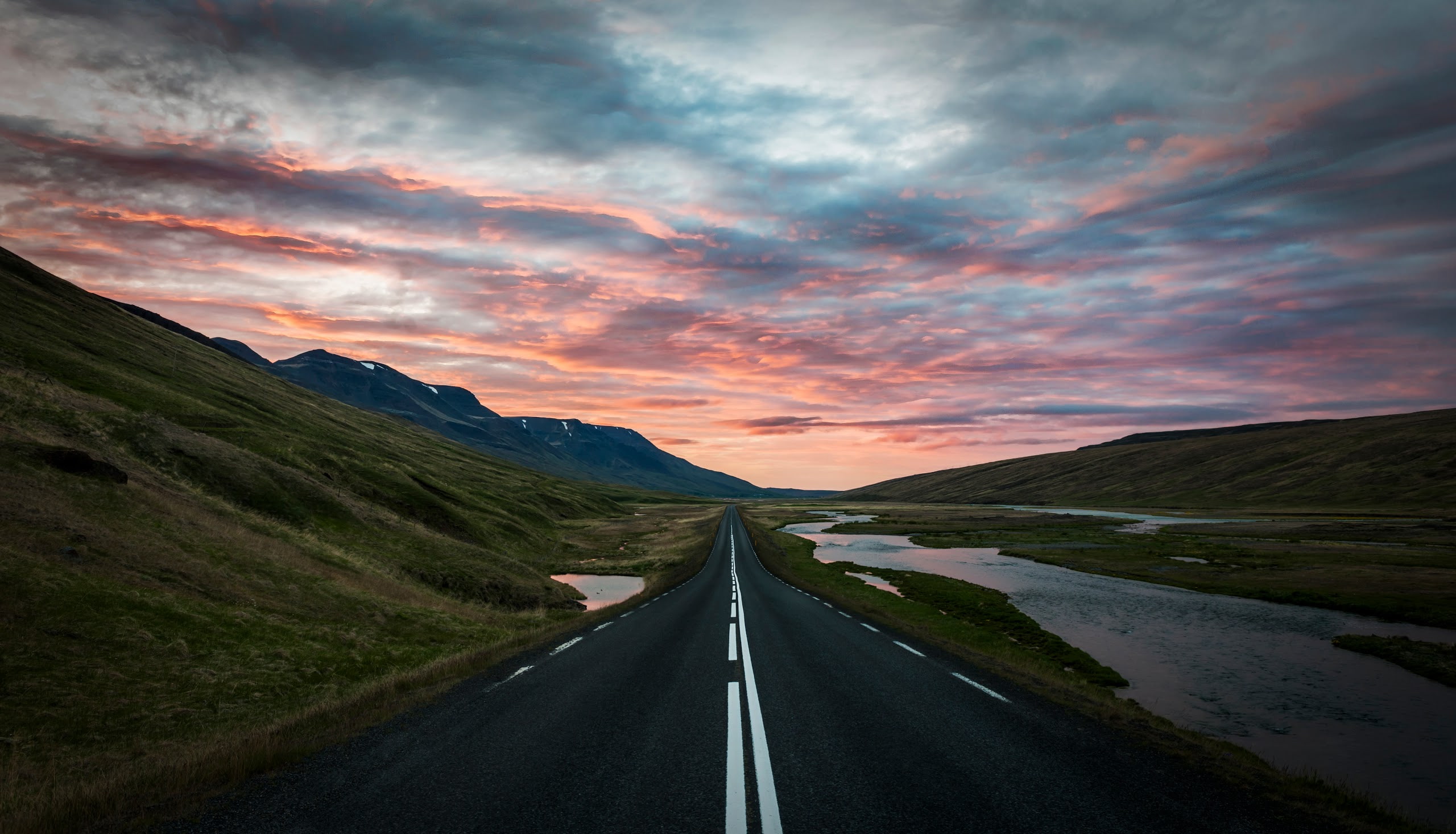 landscape, nature, dividing line, tranquil scene, road, road marking, Iceland, direction, cloud - sky, non-urban scene, transportation, scenics - nature, HD Wallpaper