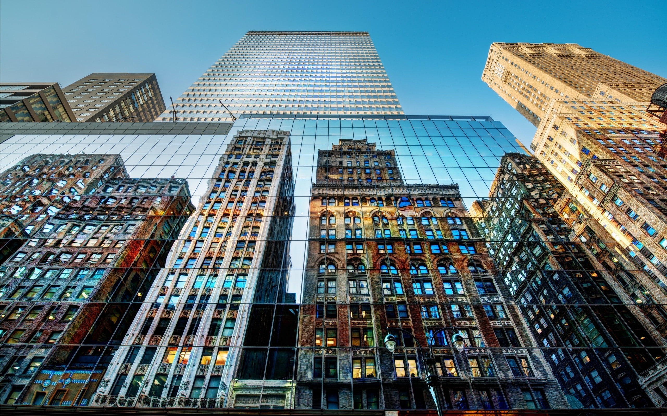 hdr, reflections, skyscrapers, low angle, trey, blue, cityscapes, ratcliff, 2K, skies, photography, shot, buildings, HD Wallpaper