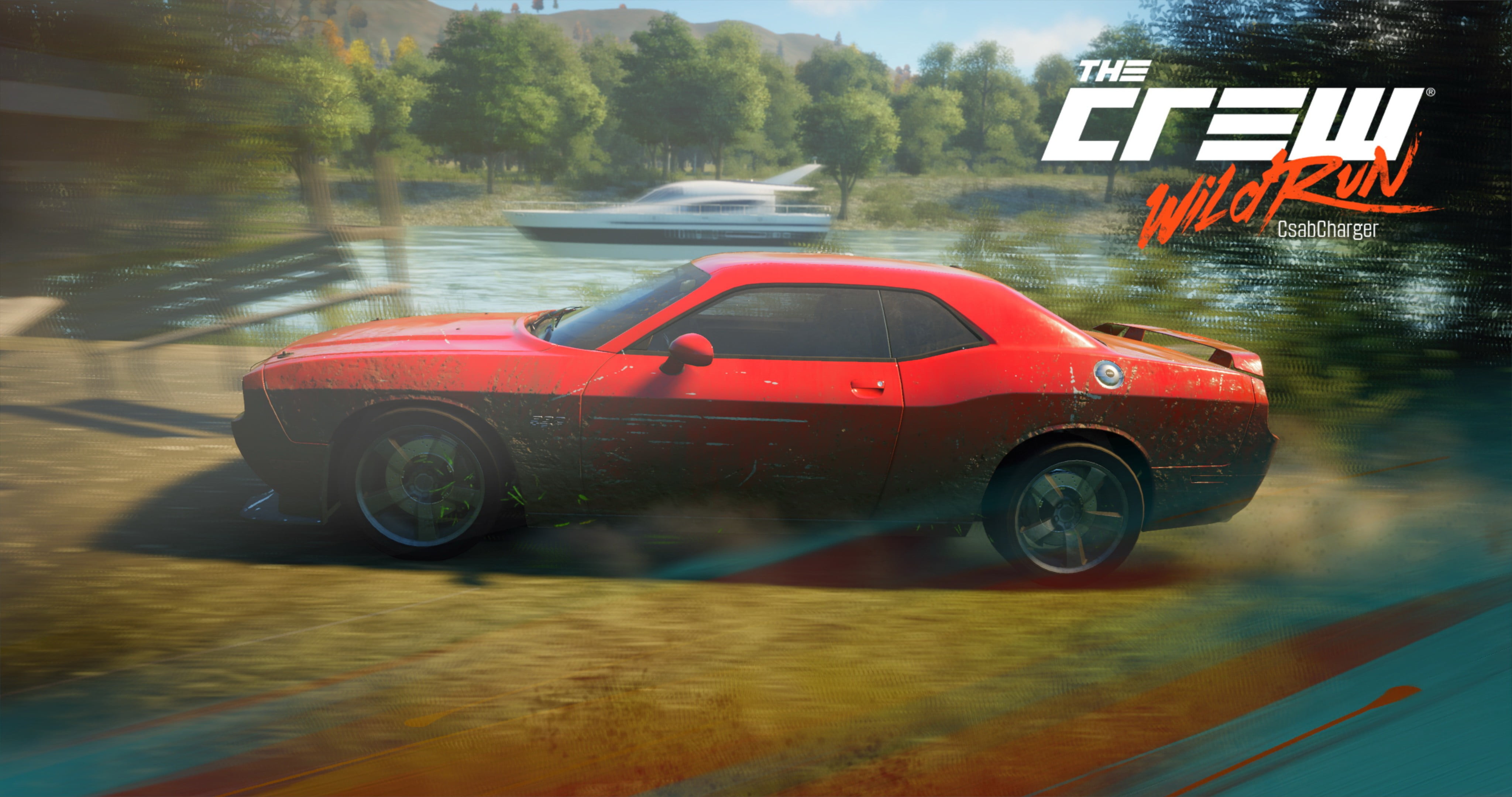 text, rainy season, transportation, land vehicle, nature, day, 4K, car, red, Dodge Challenger, river, no people, wet, road, yacht, tree, plant, reflection, HD Wallpaper
