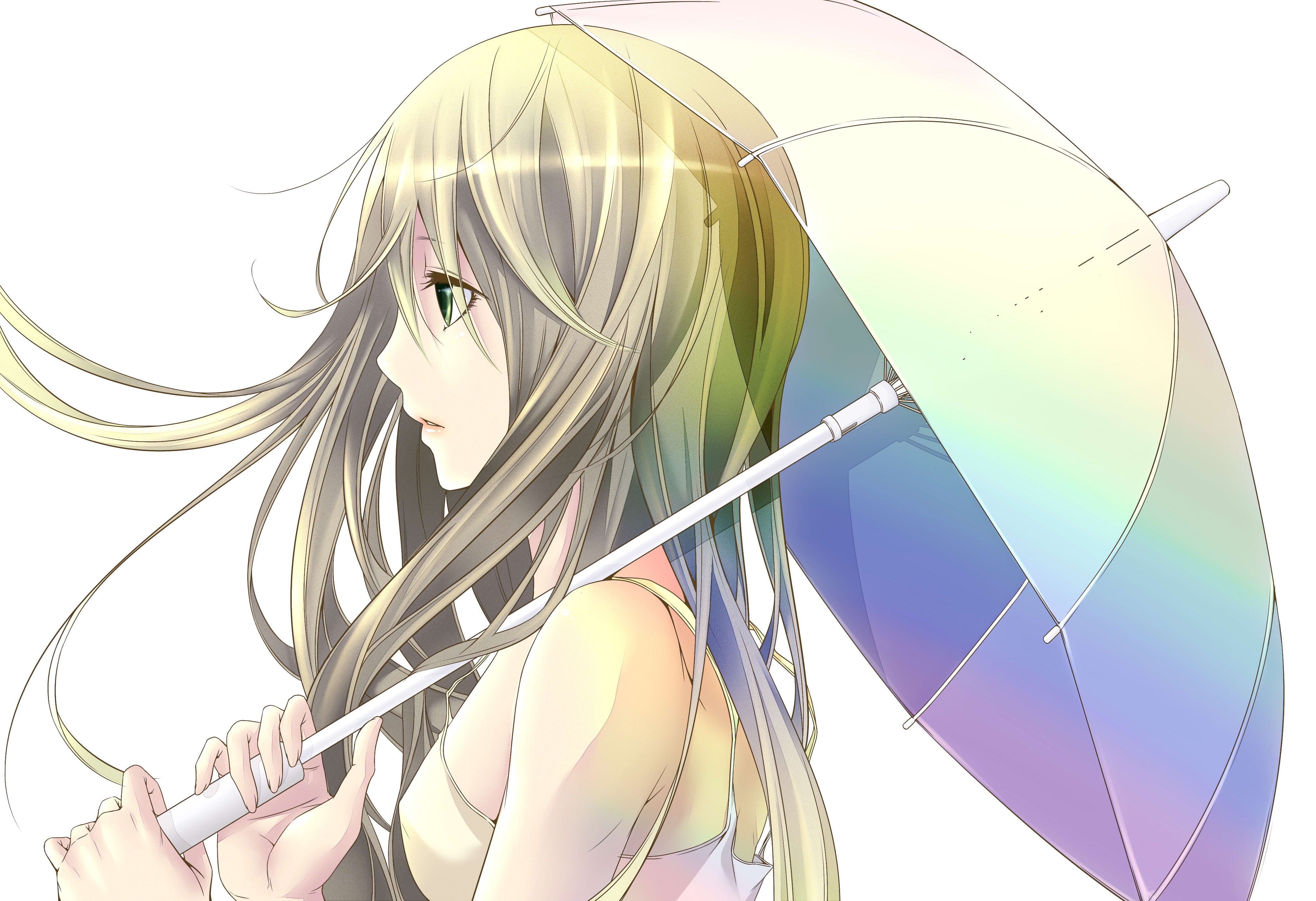 long hair, anime, white  background, 4K, umbrella, green eyes, white background, anime girls, HD Wallpaper