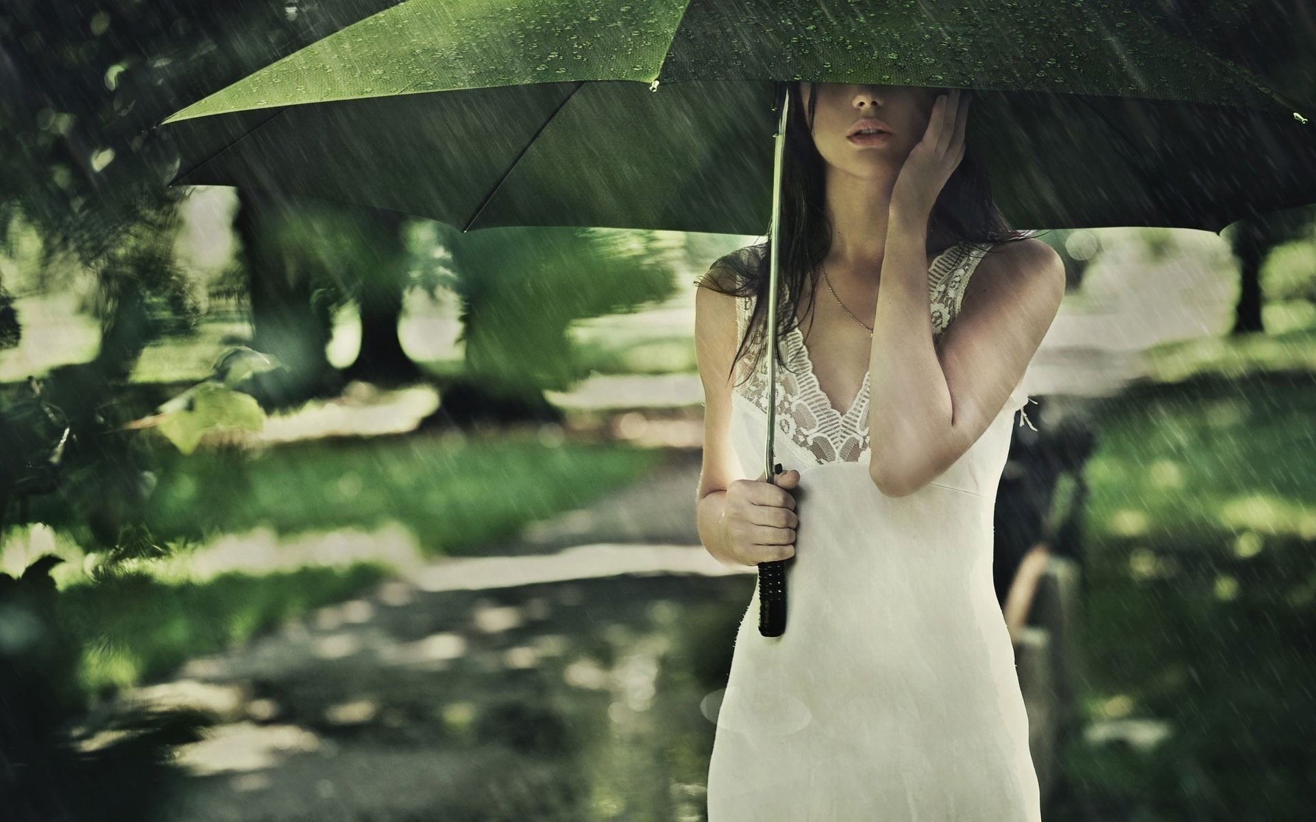 nature, one person, umbrella, leisure activity, hairstyle, protection, day, long hair, front view, white dress, brunette, security, real people, beautiful woman, HD Wallpaper
