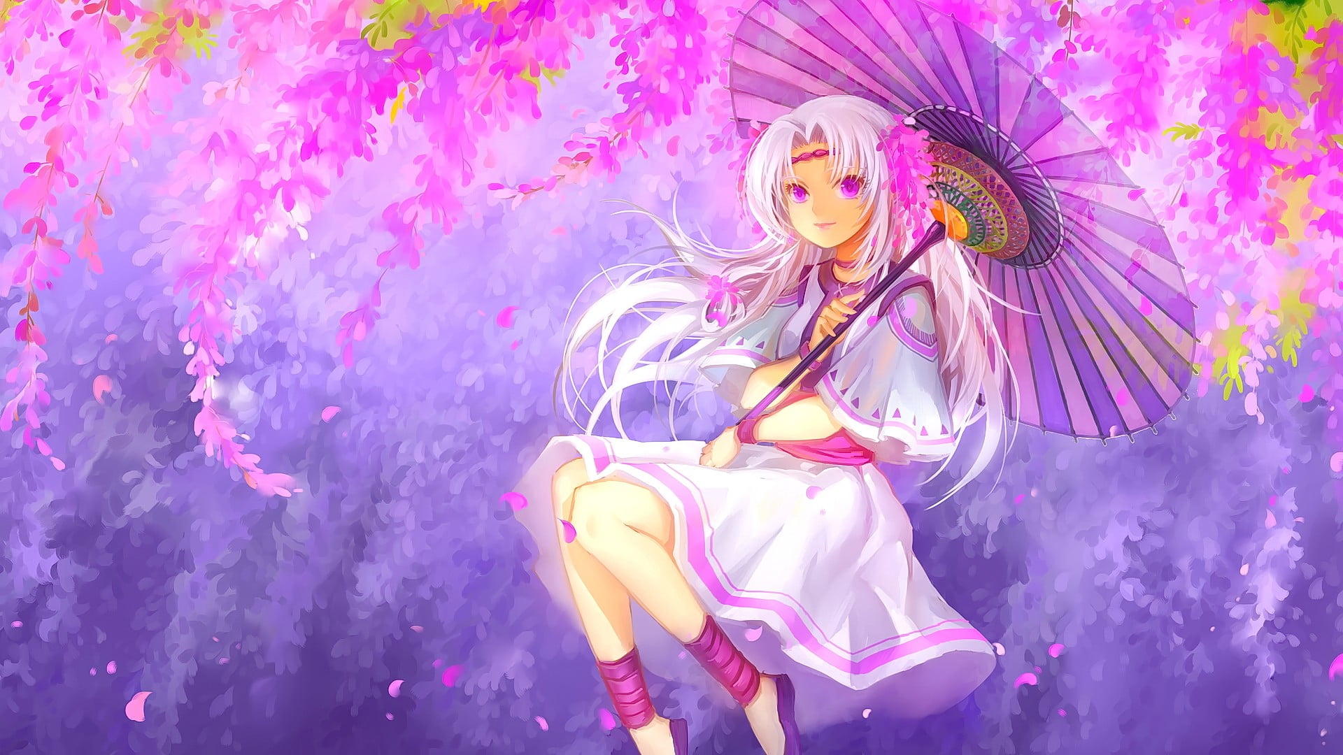 looking at viewer, 1080P, women, beauty, long hair, young women, pink color, clothing, beautiful woman, anime, white hair, umbrella, looking at camera, HD Wallpaper
