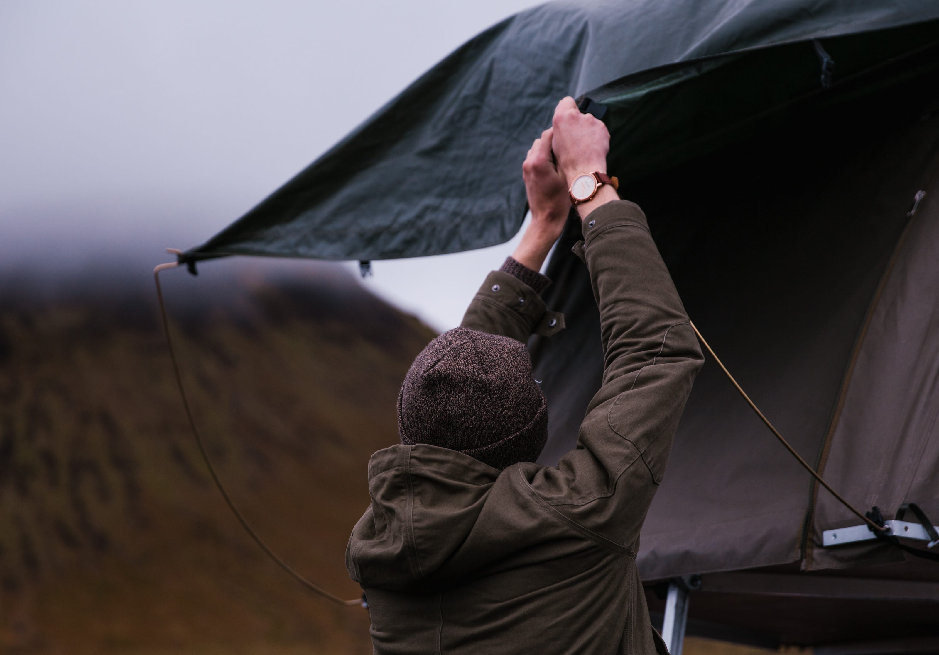 waist up, arms raised, traveler, Equipment, jacket, holding, man, camper, women, nature, Camping, Travelling, countryside, Tourism, 2K, one person, Young, HD Wallpaper