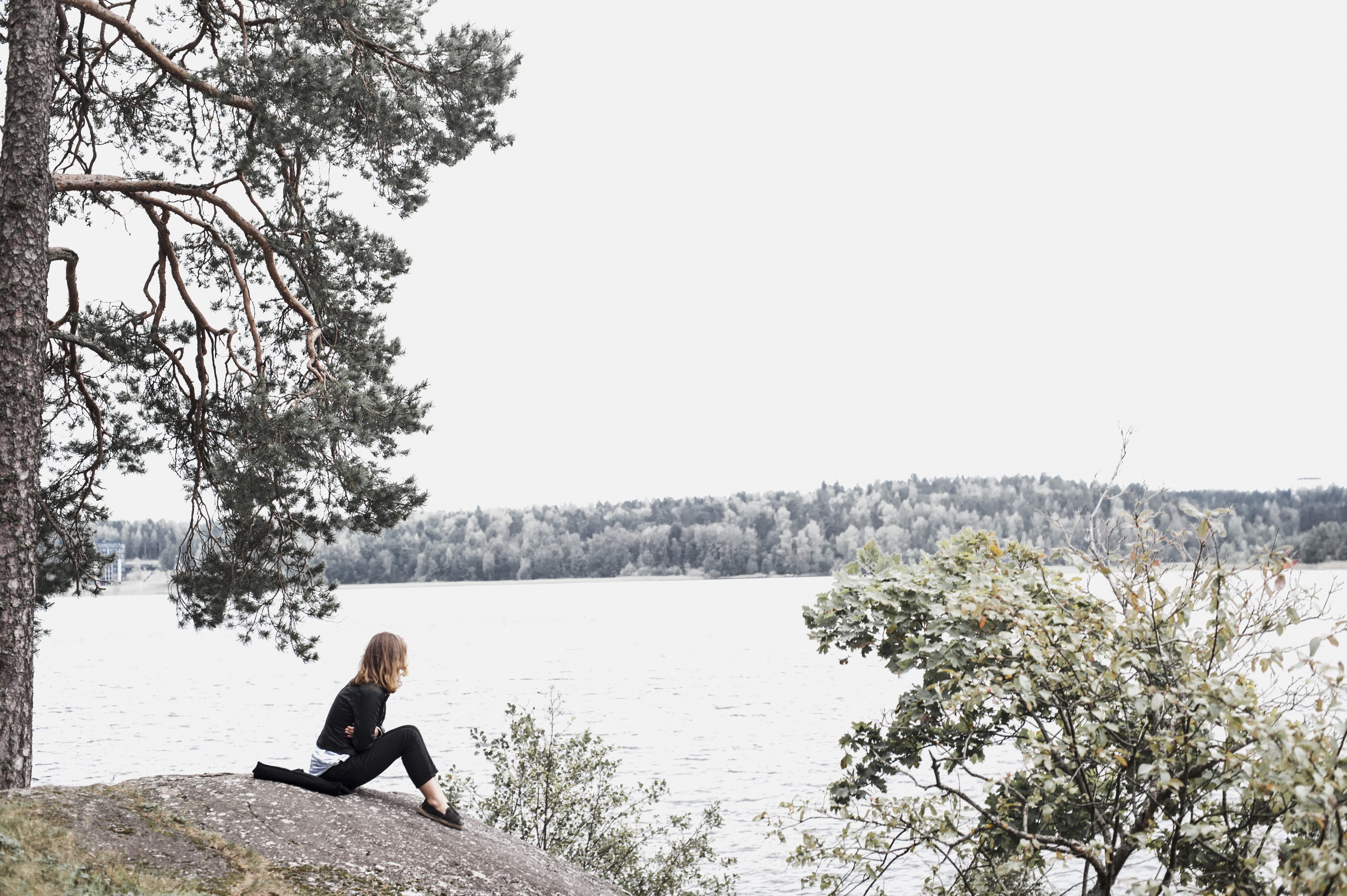 outdoors, one person, lake, tree, water, person, park, near, clear sky, body, woman, countryside, daylight, 4K, scene, trees, soil, day, plant, sitting, HD Wallpaper