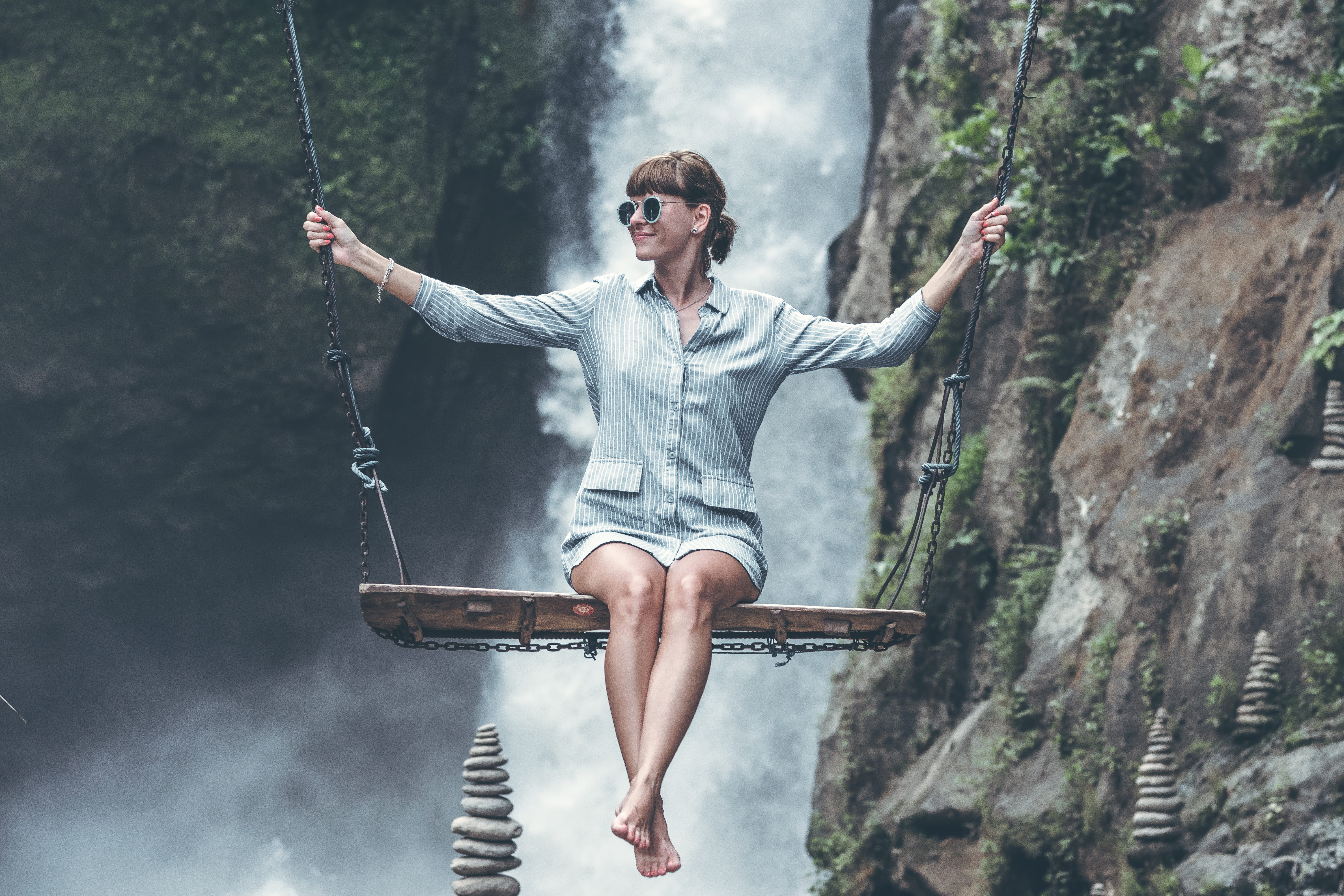tree, casual clothing, waterfalls, daylight, young women, balance, rope, background, leisure activity, sitting, hanging, daytime, sport, riding, women, HD Wallpaper