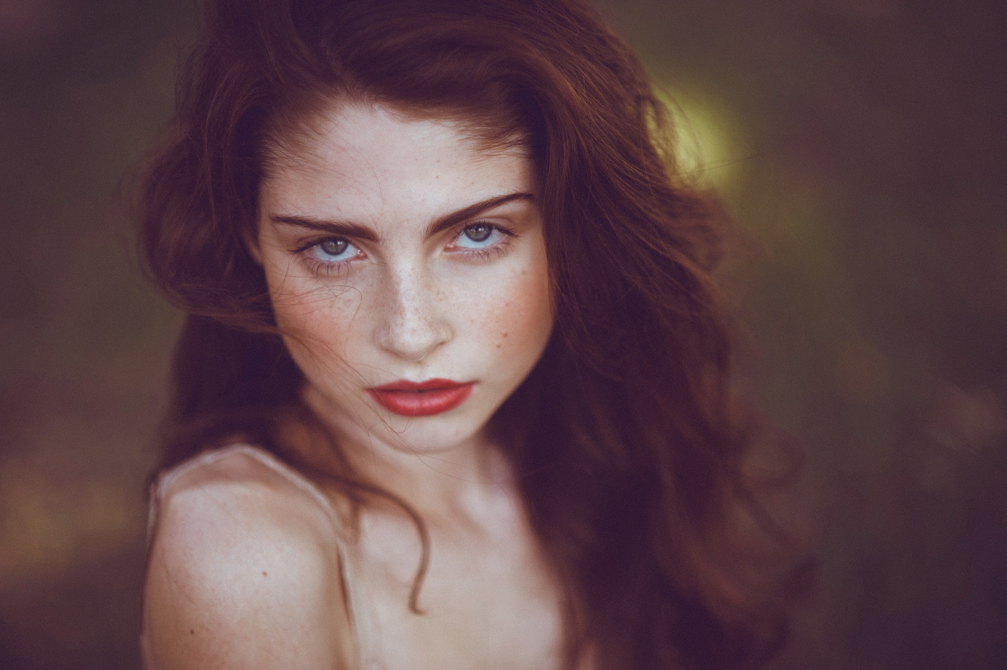 1080P, women, looking at viewer, freckles, face, red lipstick, portrait, brunette, Ona Morgan, HD Wallpaper