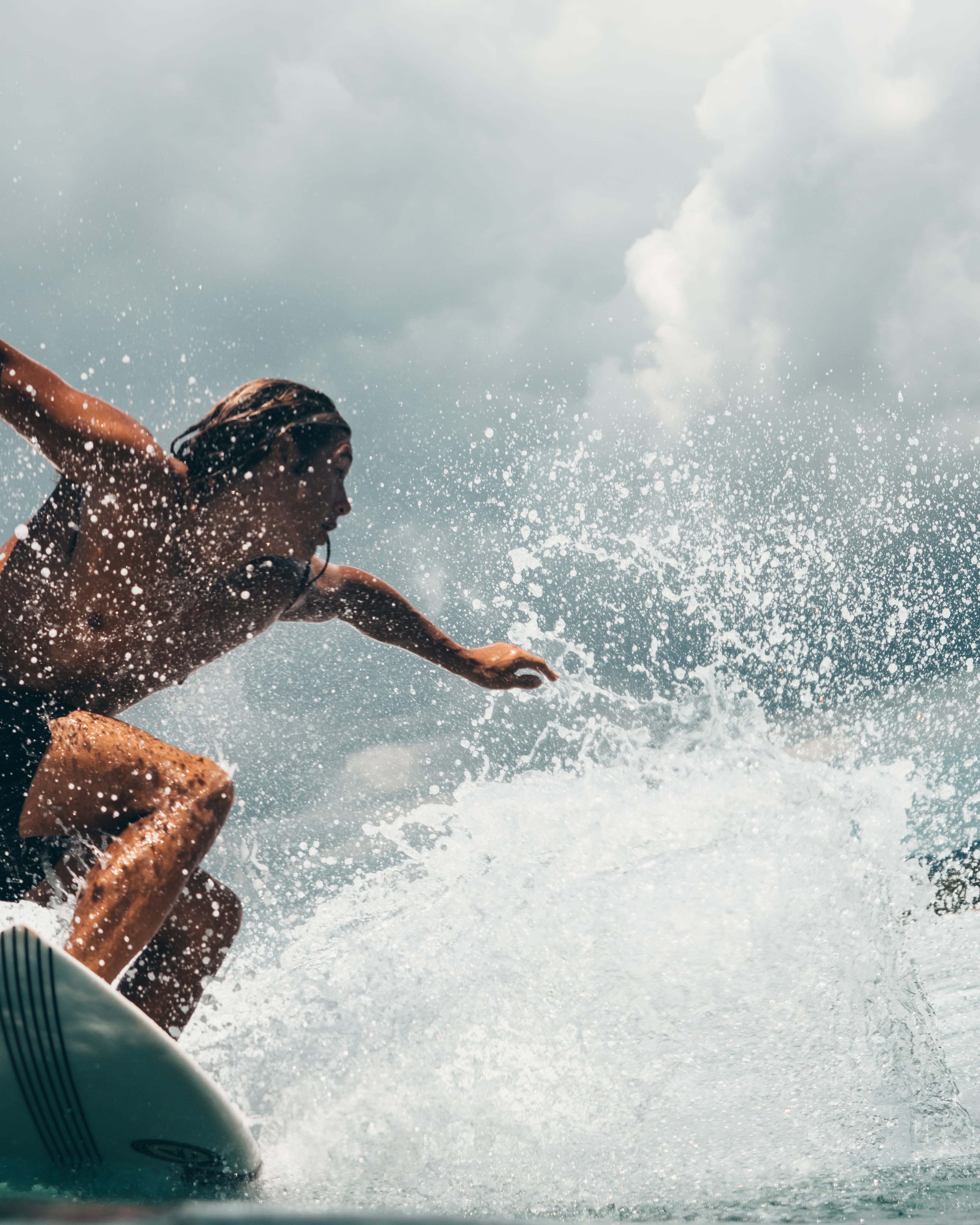 action, fun, day, surfboard, cloudy, water, human body part, pacific, ocean, aquatic sport, man, desktop background, blue, ollivfe, surfer on a wave, wave, Phone HD Wallpaper