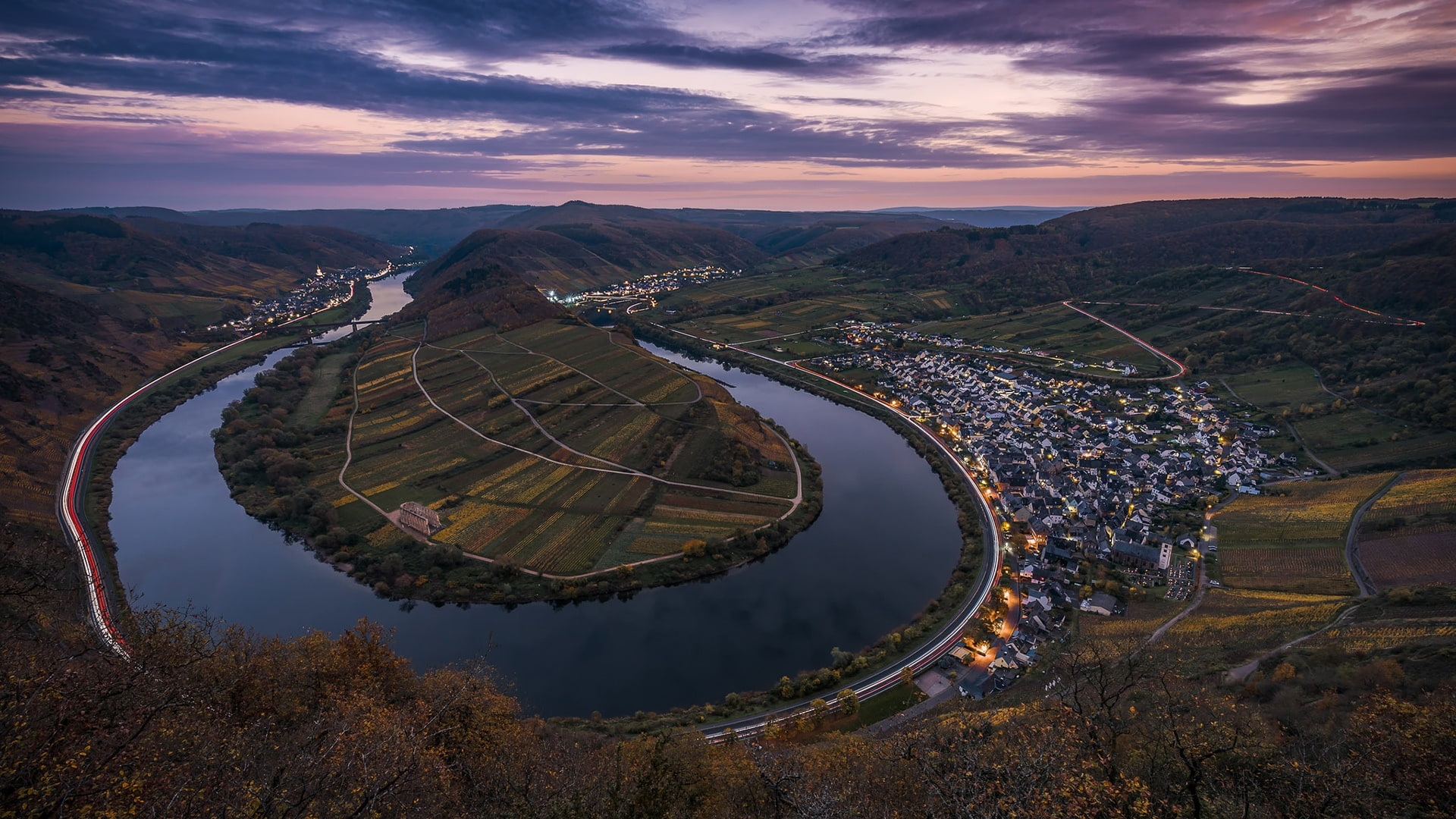 river bend, landscape, panorama, river, morning, town, photography, rhineland-palatinate, moselle valley, calmont, mosel river, mosel, 1080P, purple sky, HD Wallpaper