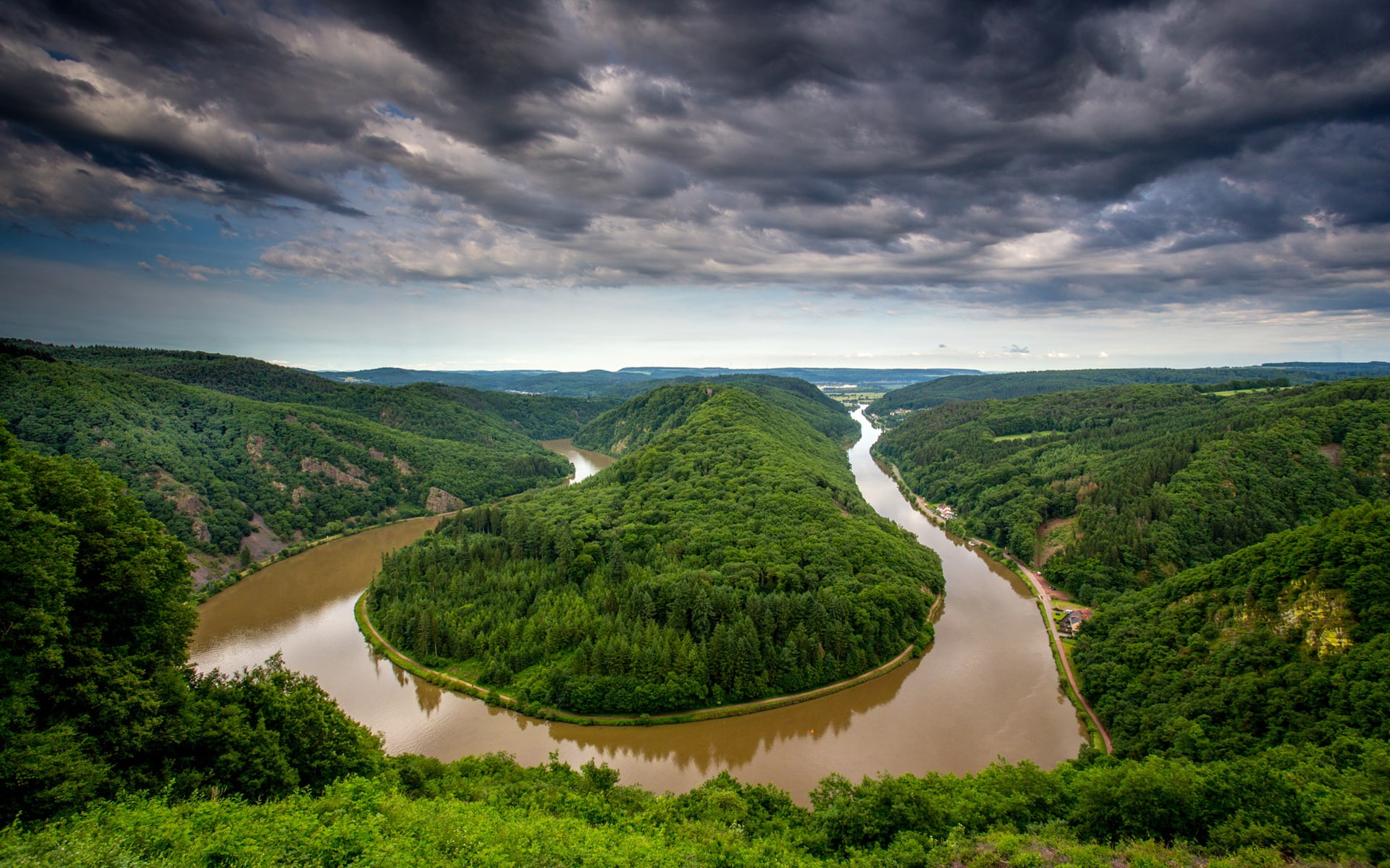 Rain, Trees, River, Water, Saarland, Germany, 1080P, Bend, Hills, HD Wallpaper
