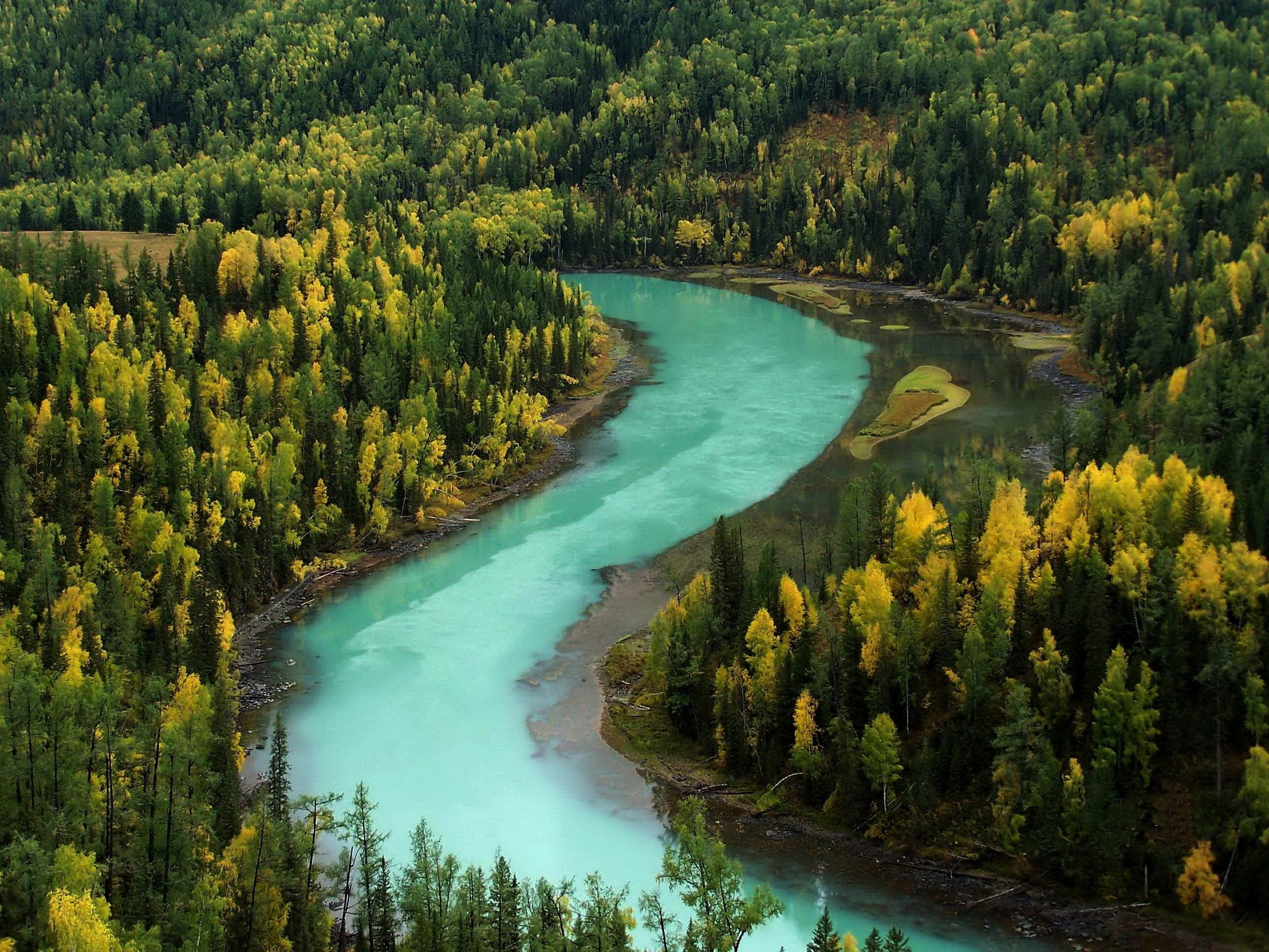 sky, river, day, hot spring, no people, scenics - nature, canada, tourism, landscape, autumn, beauty In Nature, water, blue, land, woodland, nature, waterfall, HD Wallpaper