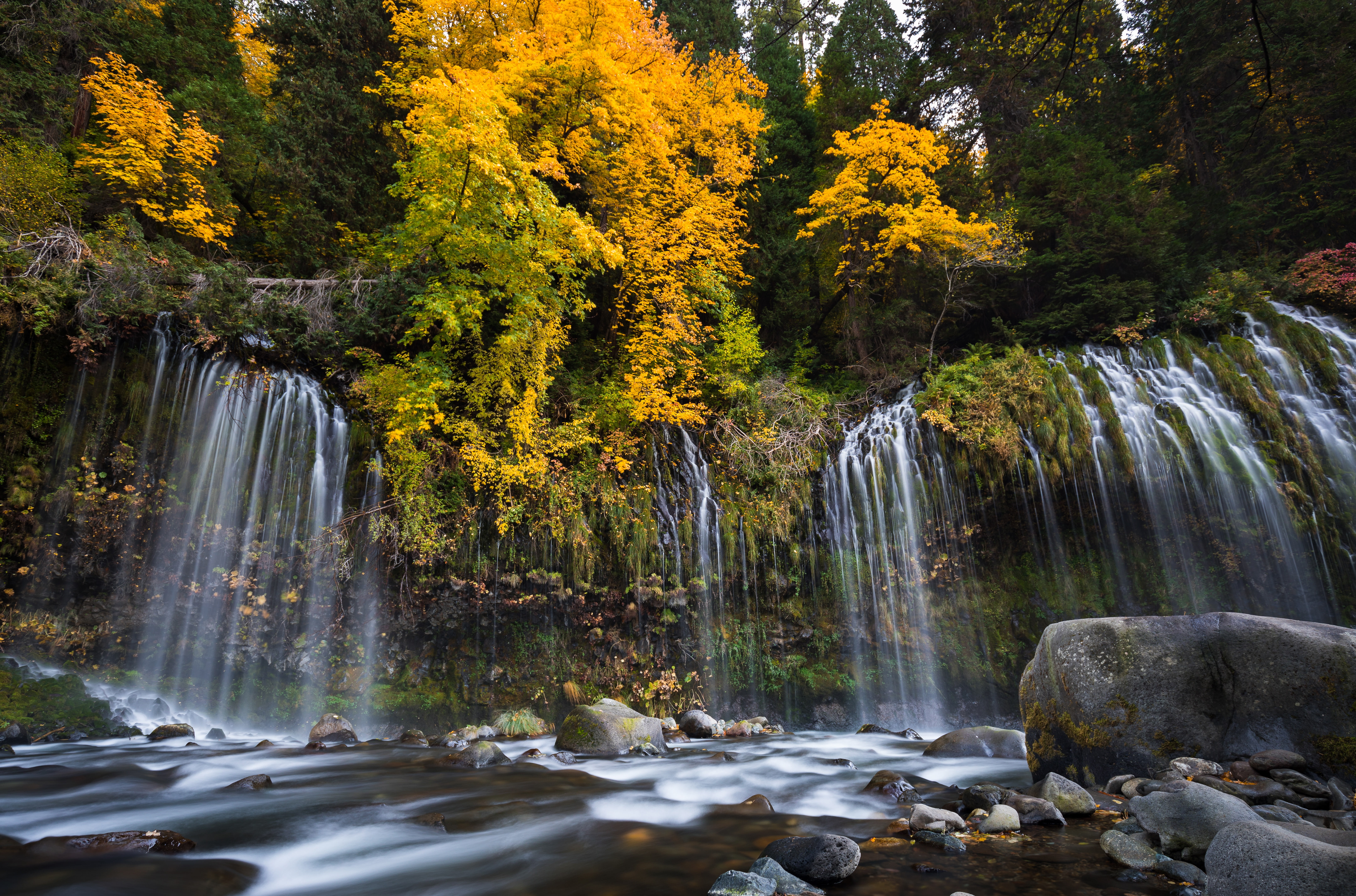 cascade, Waterfalls, Mossbrae Falls, Masbro, trees, 5K, Dunsmuir, CA, river, forest, California, autumn, waterfall, Sacramento River, stones, HD Wallpaper