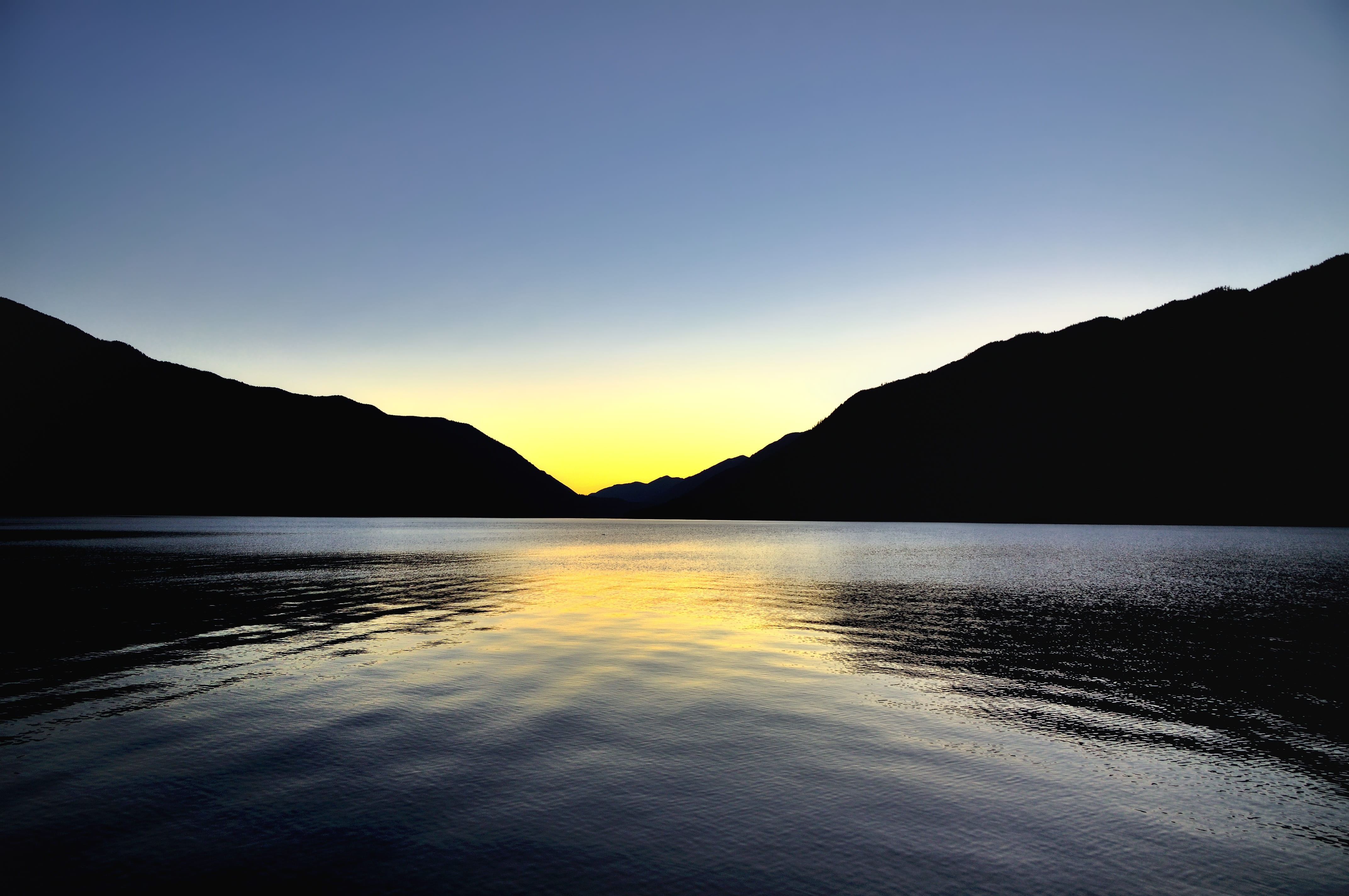 two mountains, peak, tranquil scene, travel, sky, sunny, hour, nature, body, 4K, scenery, golden hour, range, view, lake, environment, scenics - nature, HD Wallpaper