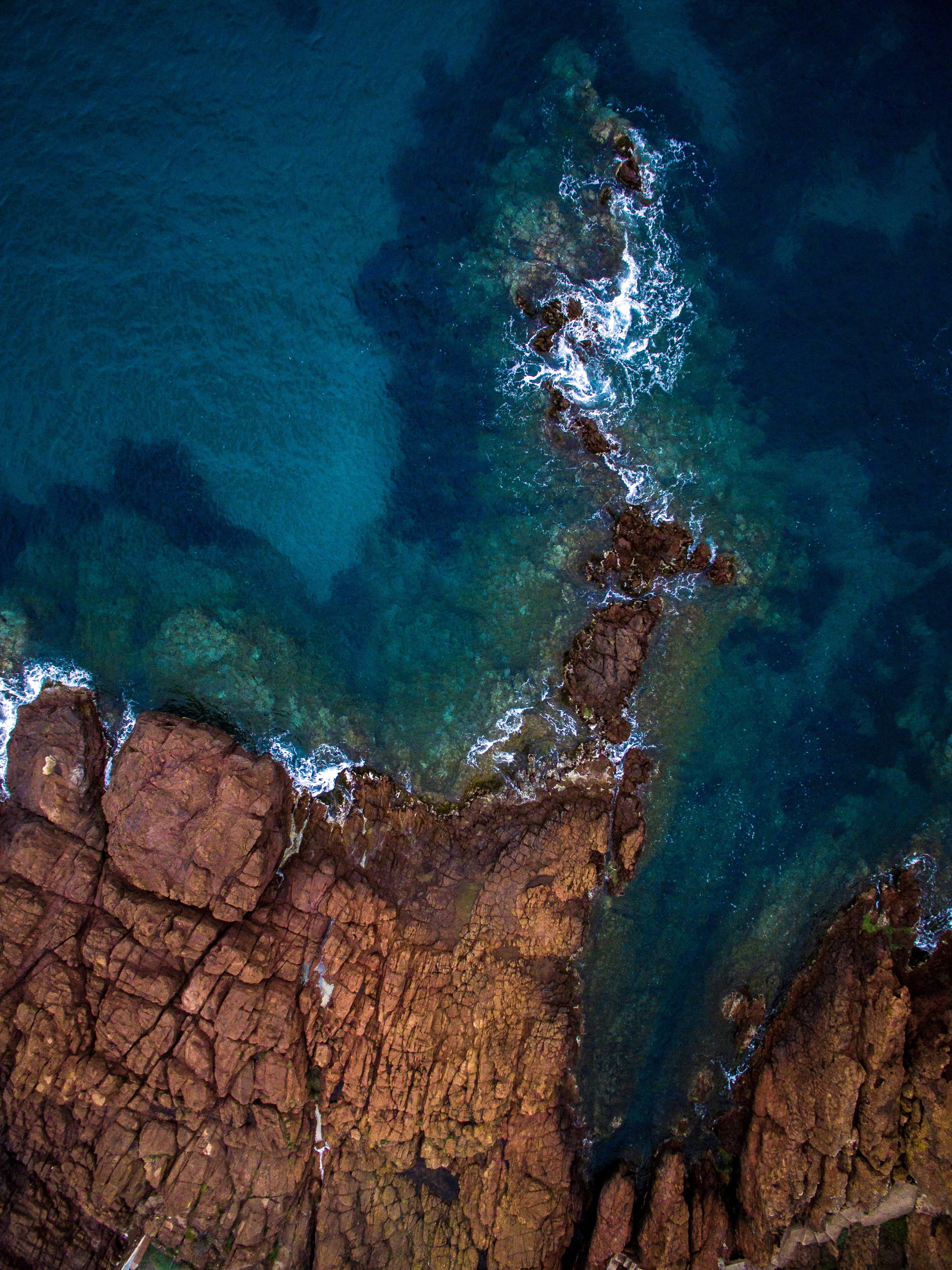 aerial, geology, shoreline, formation, rock, no people, rock - object, shore, rock formation, near, solid, land, tranquility, 4K, ocean, wet, blue, birds eye view, Phone HD Wallpaper