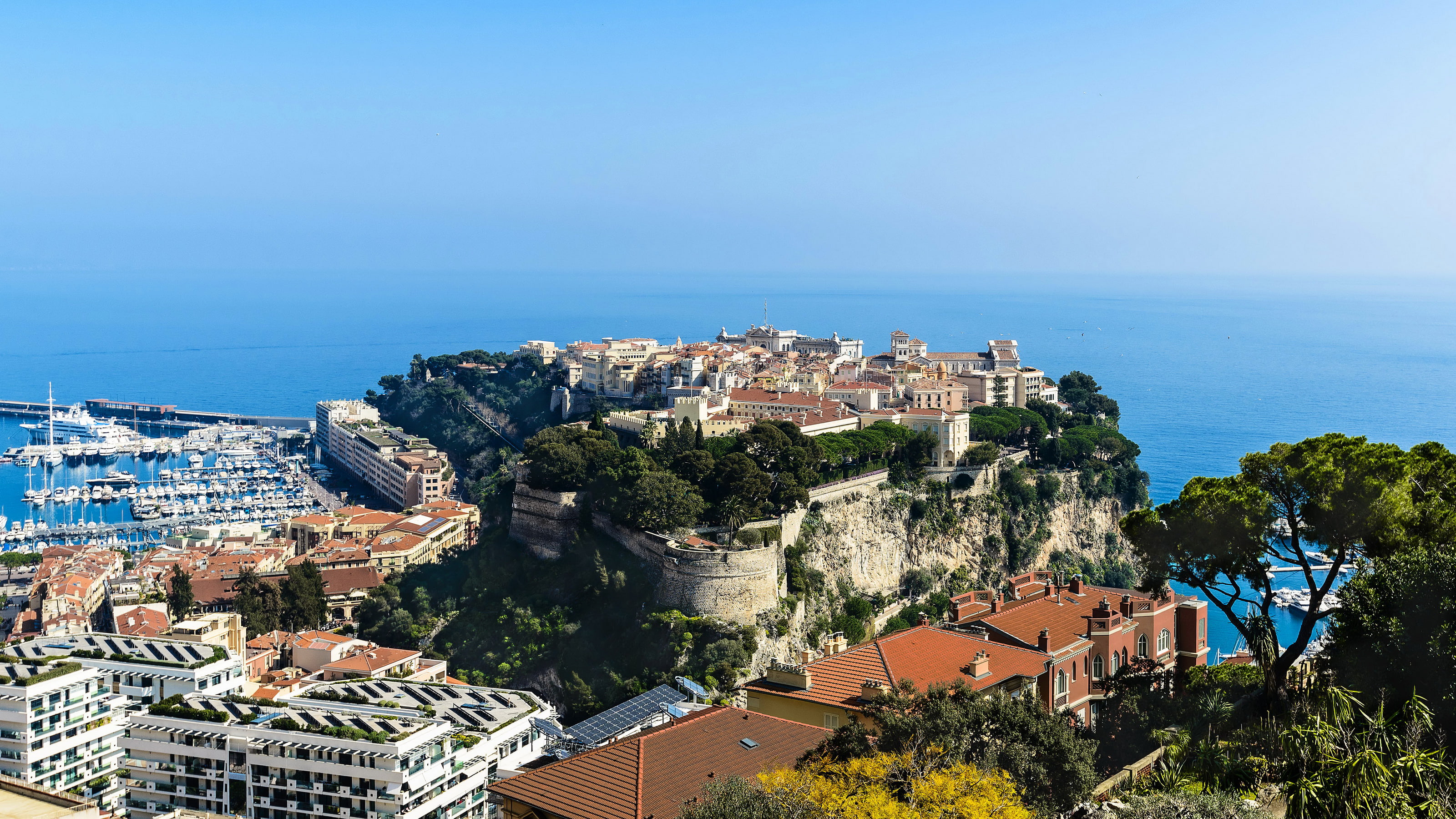 coast, home, Monaco, rocks, sea, the city, the view from the top, piers, 2K, horizon, HD Wallpaper