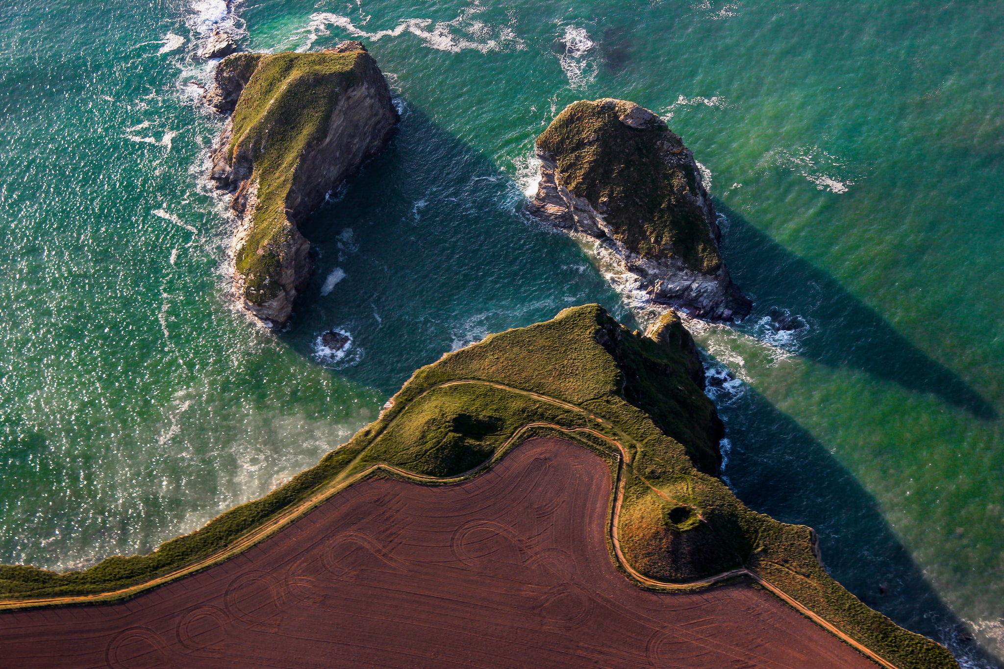 1080P, the view from the top, field, sea, road, rocks, HD Wallpaper