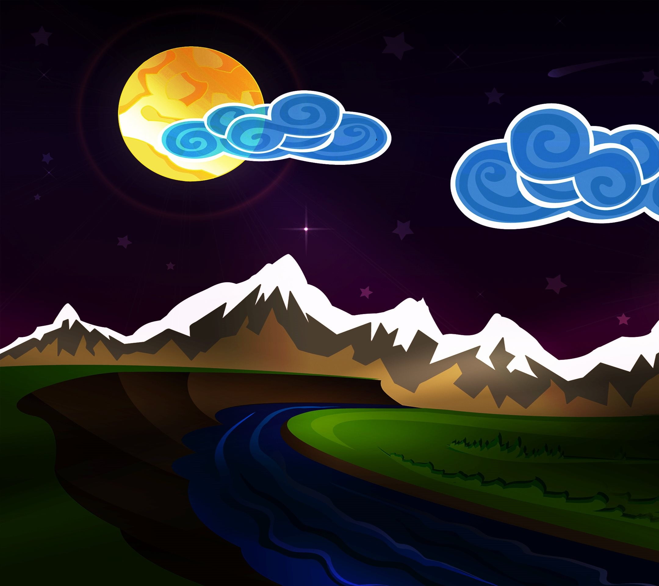 no people, multi colored, star - space, blue, landscape, mountain, illustration, beside, illuminated, river, cloud - sky, outdoors, artwork, nature, lighting equipment, HD Wallpaper