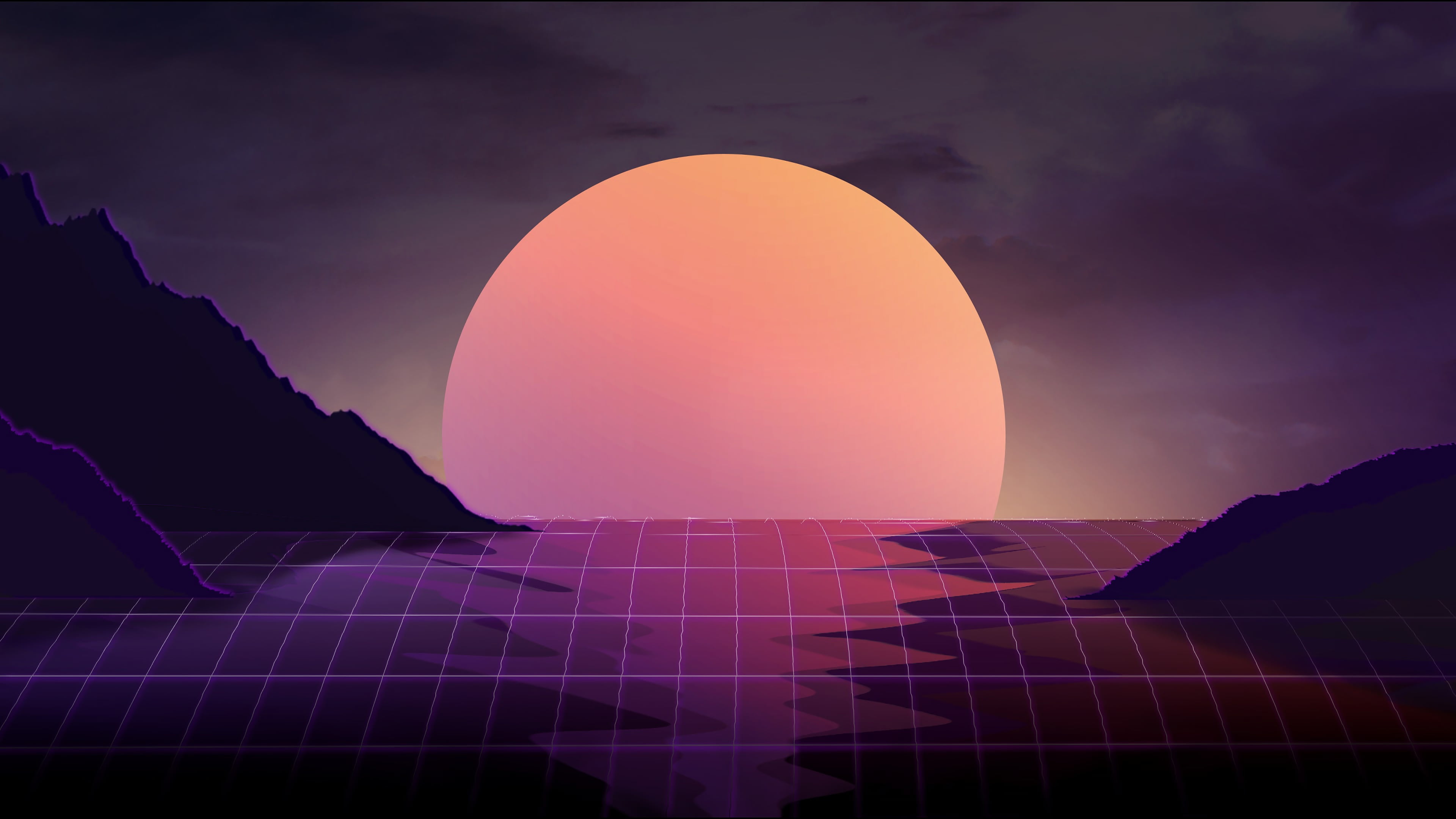 water, Sun, mountains, ripples, 4K, neon, minimalism, river, Retrowave, clouds, neon glow, HD Wallpaper