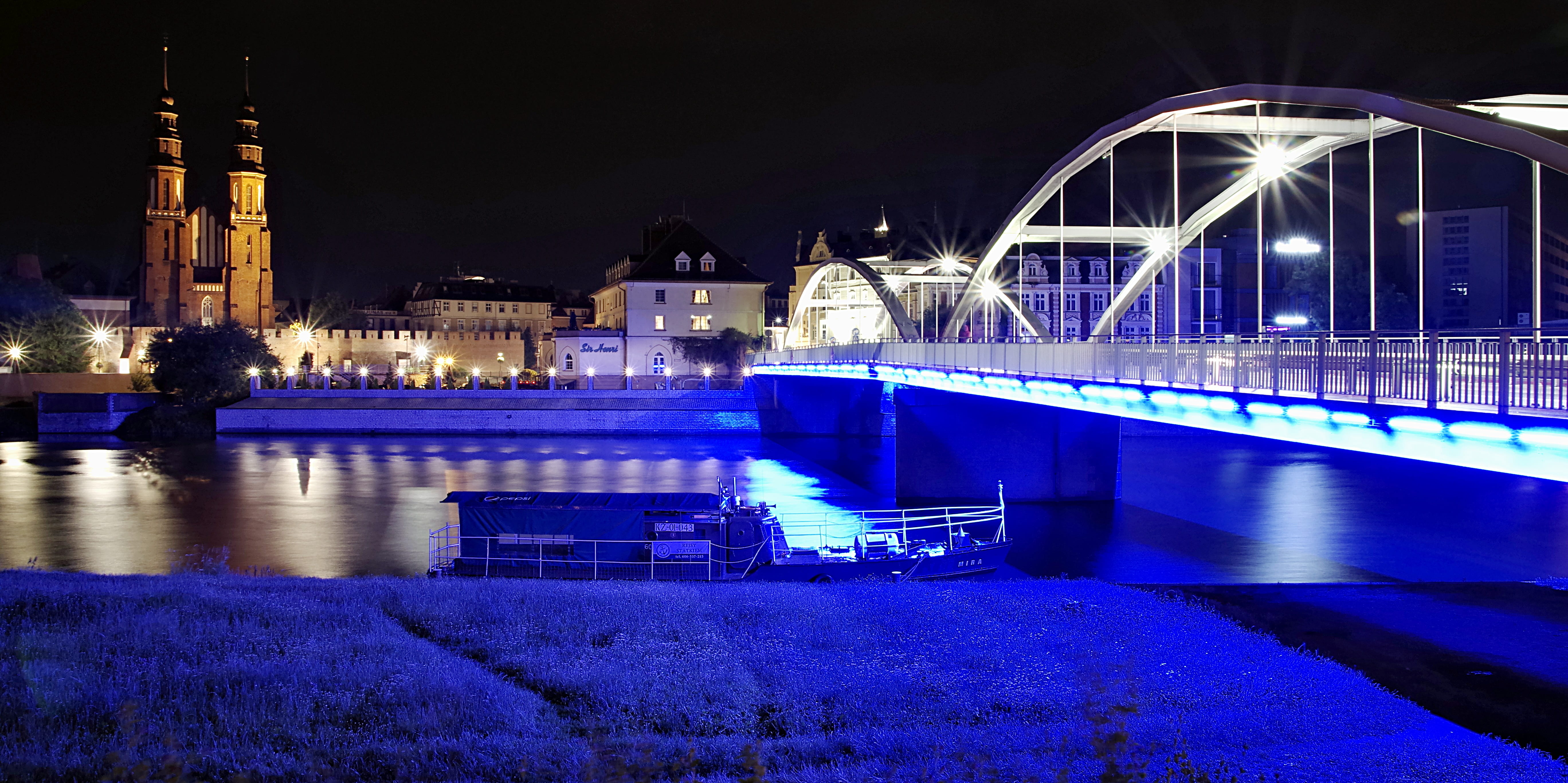 built structure, blue, reflection, way, night, neon lights, buildings, building exterior, the cathedral, nature, transportation, architecture, river, twilight, HD Wallpaper