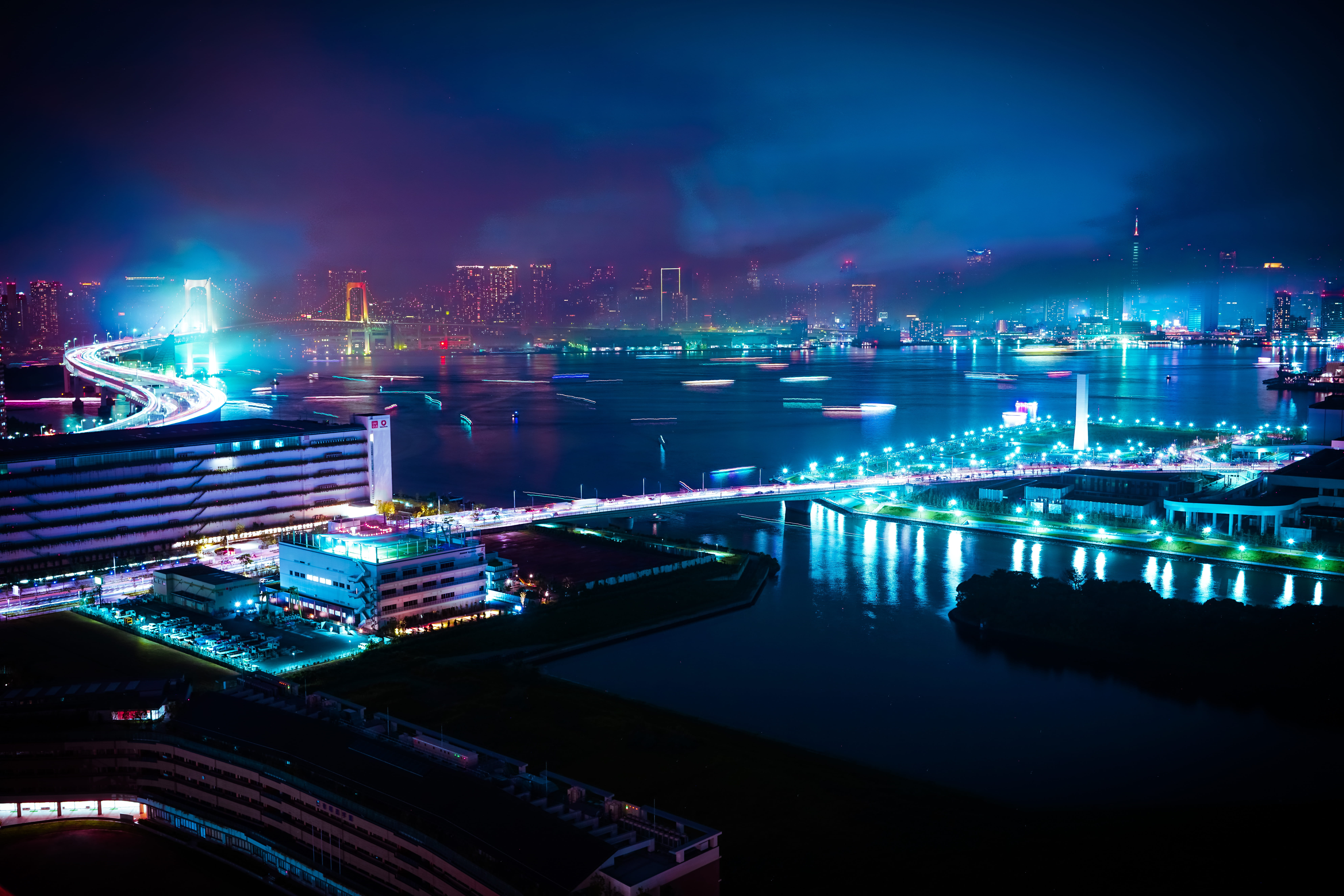 urban Skyline, transportation, nautical Vessel, 8K, bay, illuminated, building, skyscraper, skyline, purple, outdoors, long exposure, buildings, famous Place, HD Wallpaper