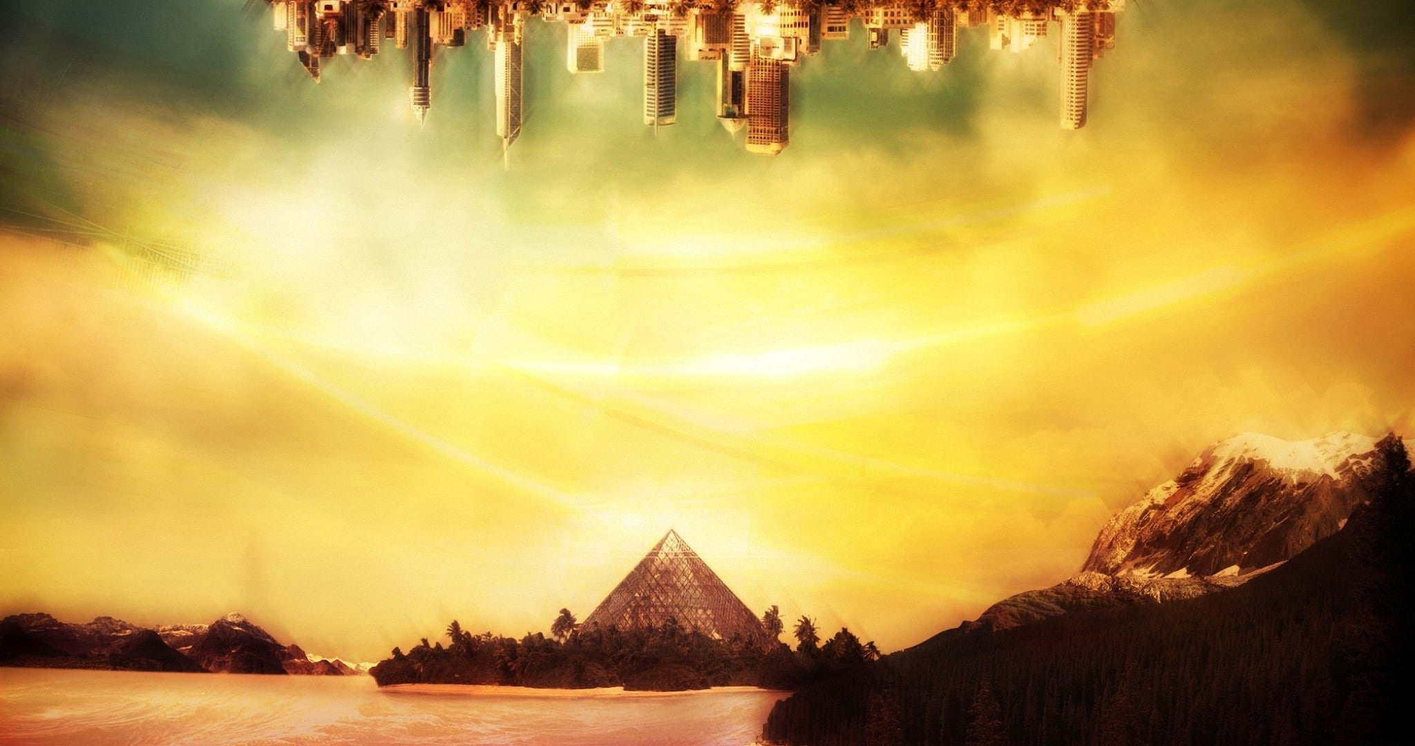 cityscape, travel destinations, built structure, panoramic, outdoors, religion, anime, city, nature, sunset, sky, water, tree, landscape, sunlight, pyramid, HD Wallpaper