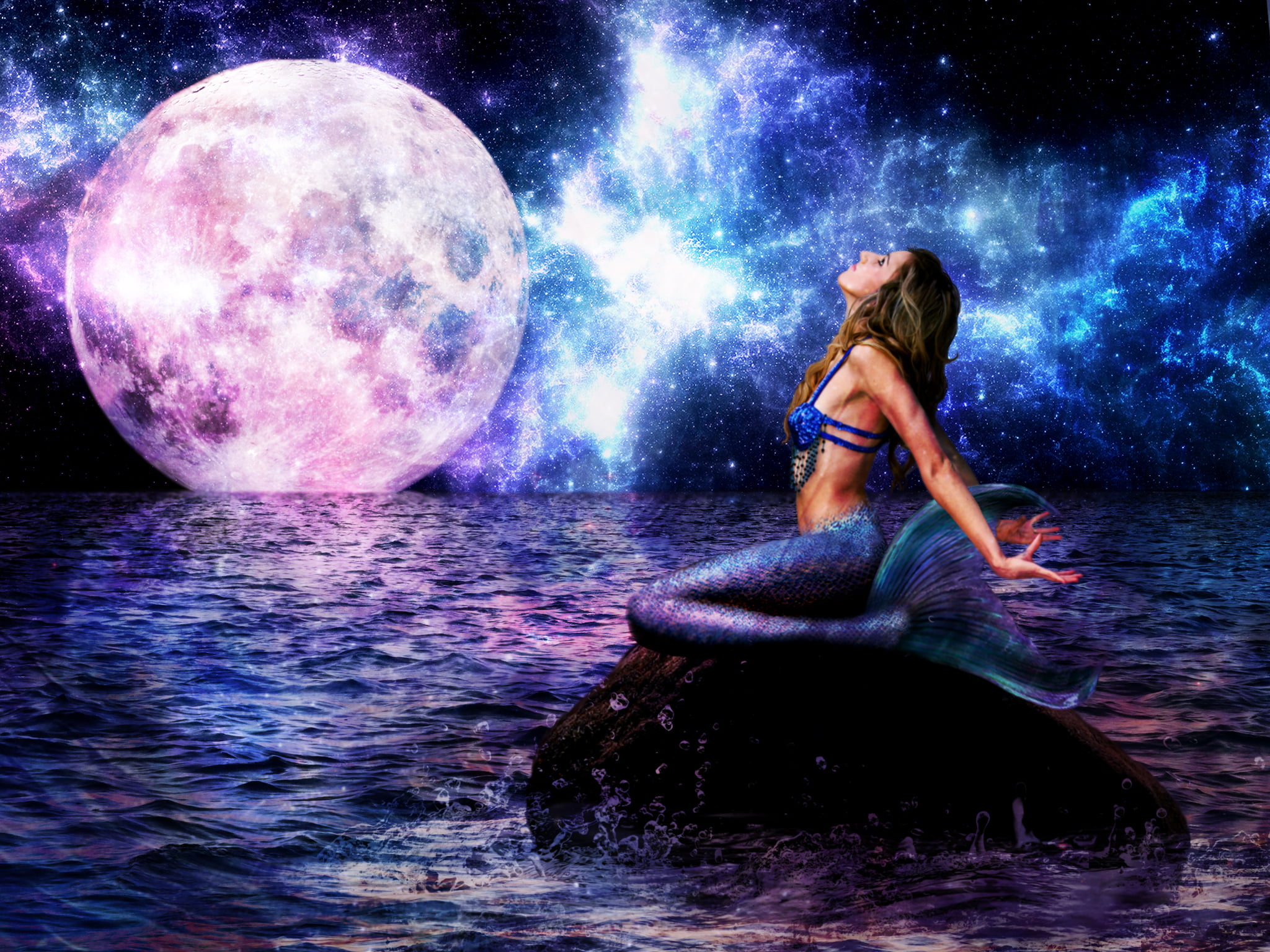 blue, space, mermaid, planet - Space, dark, big moon, leisure activity, girl, night, stone, real people, moon, females, motion, sky, astronomy, beauty, HD Wallpaper