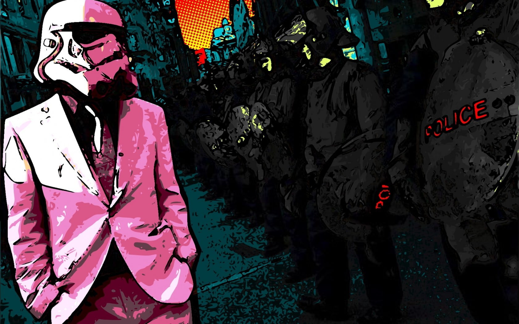 fashion, costume, backgrounds, people, wars, 720P, blazer, digital, police, star, style, clothing, illustration, kitsch, pink, brightness, stormtrooper, HD Wallpaper