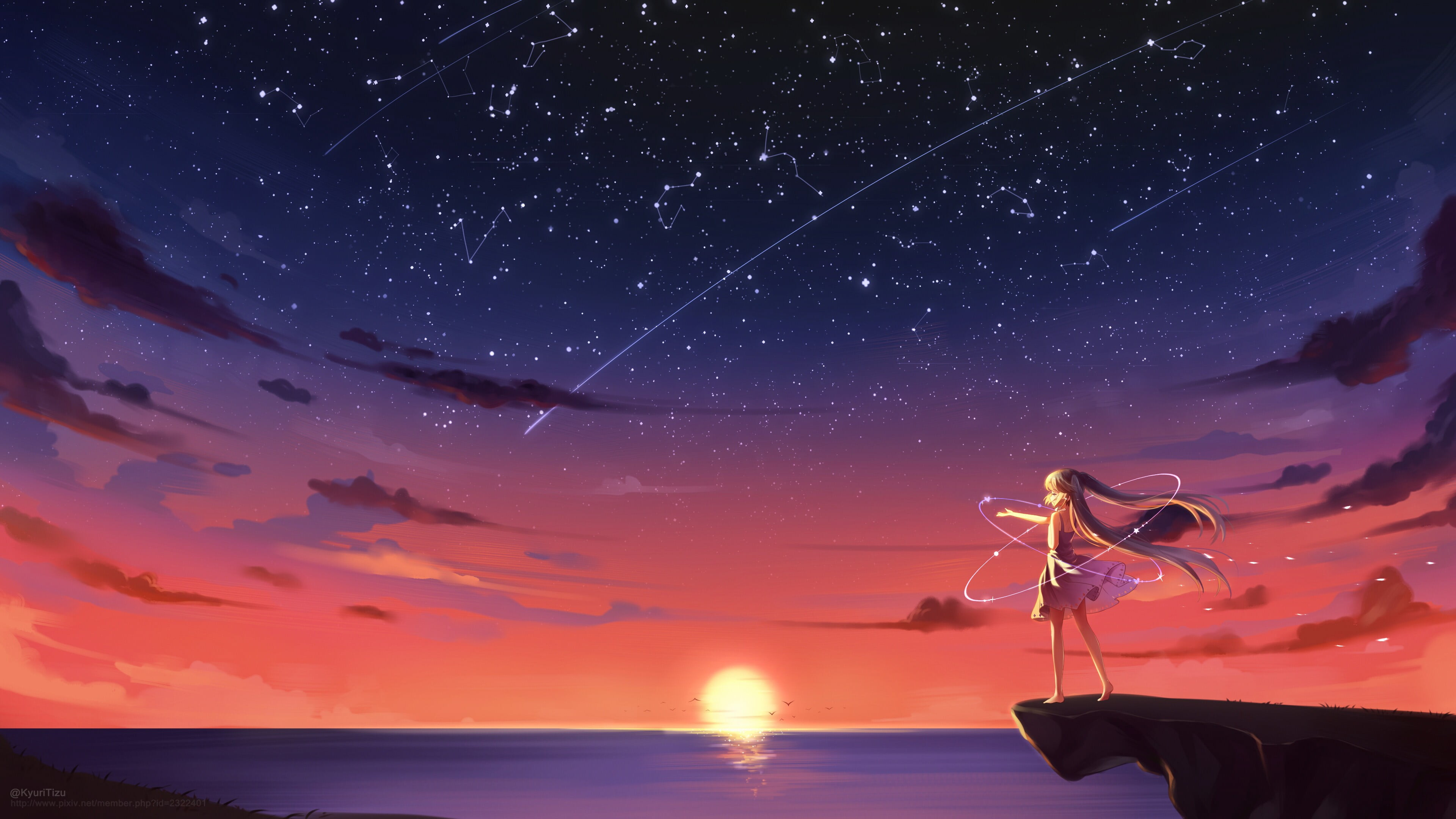 space, outdoors, nature, cliff, star, horizon, anime girls, night, digital, beauty in nature, water, sea, Vocaloid, scenics - nature, long hair, HD Wallpaper