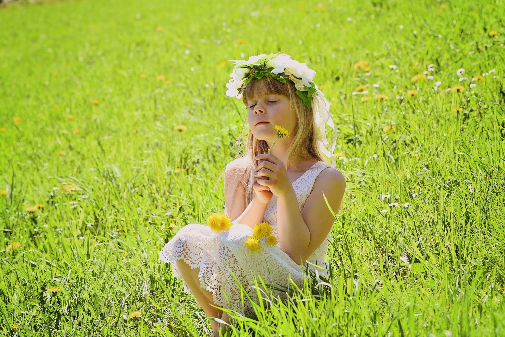 hairstyle, meadow, land, offspring, hair, summer, girl, women, daytime, flowers, wearing, floral, spring, sitting, plant, dress, child, grass, green, 1080P, HD Wallpaper