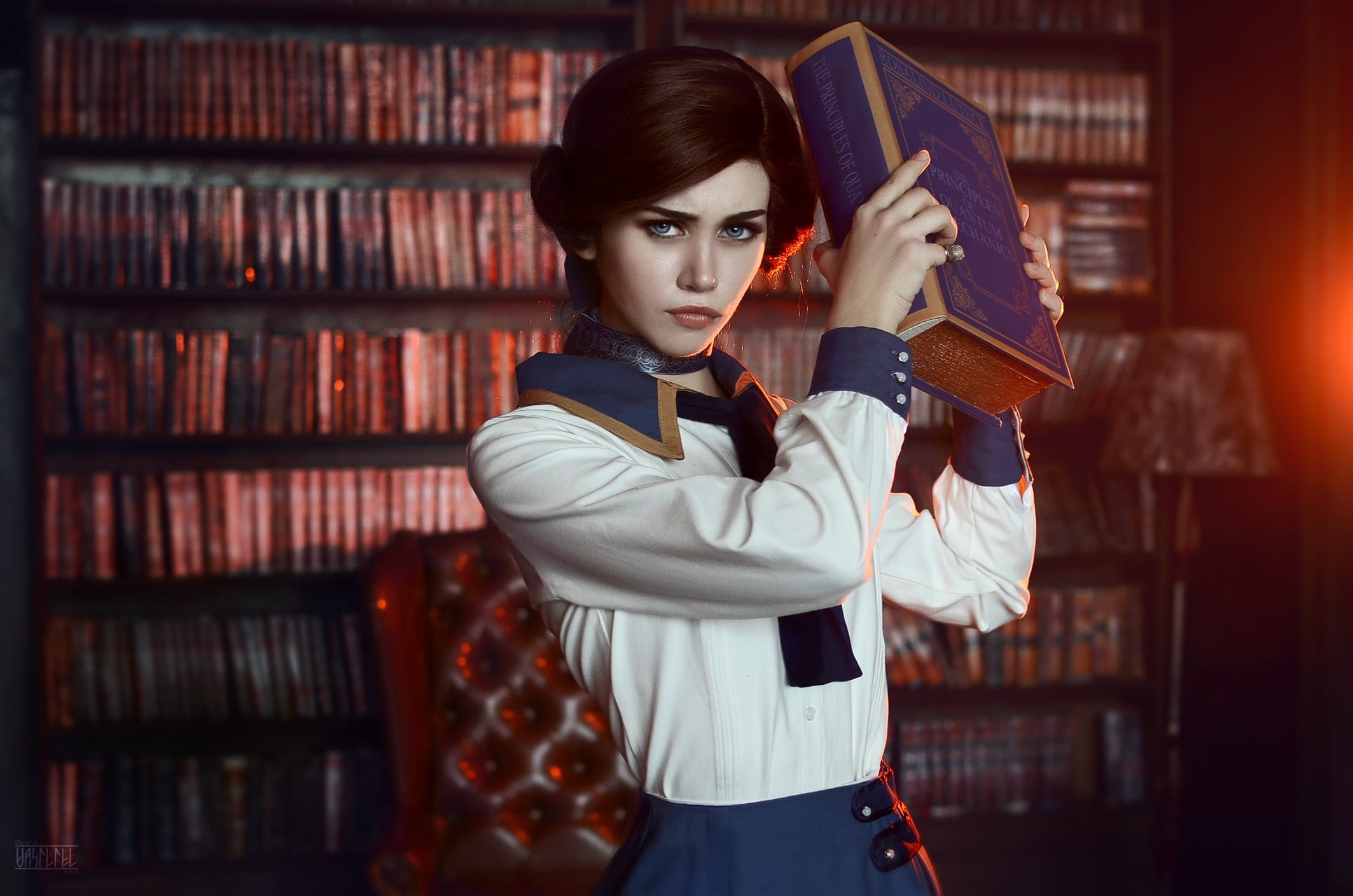 shelf, women, adult, one person, waist up, hairstyle, young adult, 1080P, beauty, young women, cosplay, Elizabeth (BioShock), looking, standing, book, HD Wallpaper