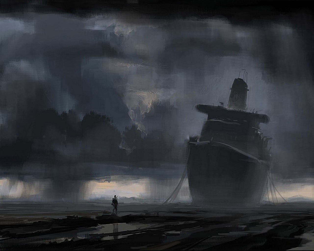 occupation, silhouette, cloud - sky, nature, beauty in nature, walking, ship, painting, architecture, 720P, man, sea, beside, sail, place of worship, clouds, HD Wallpaper
