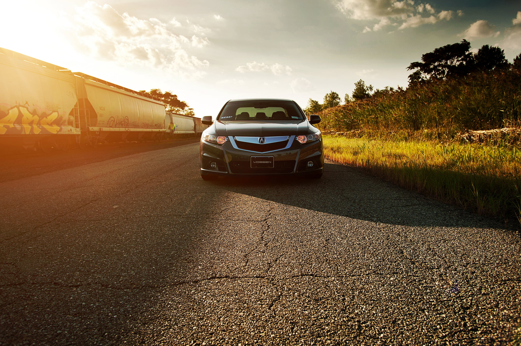 sports Race, tsx, reflection, non-urban scene, land, road trip, wheel, sunlight, front View, competition, plant, headlight, sunset, sedan, the way forward, HD Wallpaper