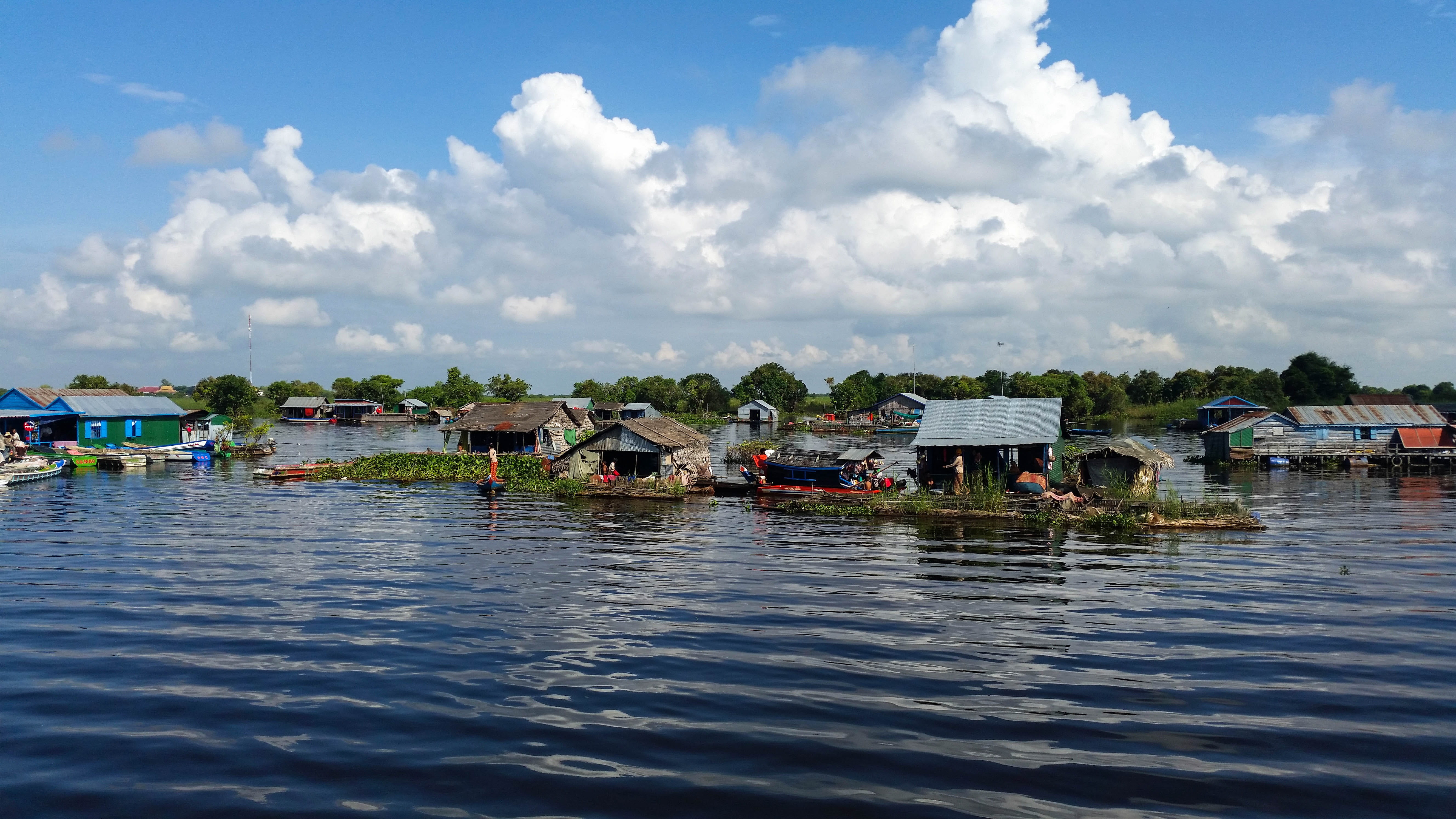 architecture, 5K, near, built structure, sea, Cambodia, landscape, island, floating, travel destinations, cloud - sky, mirroring, fishing industry, nautical vessel, HD Wallpaper