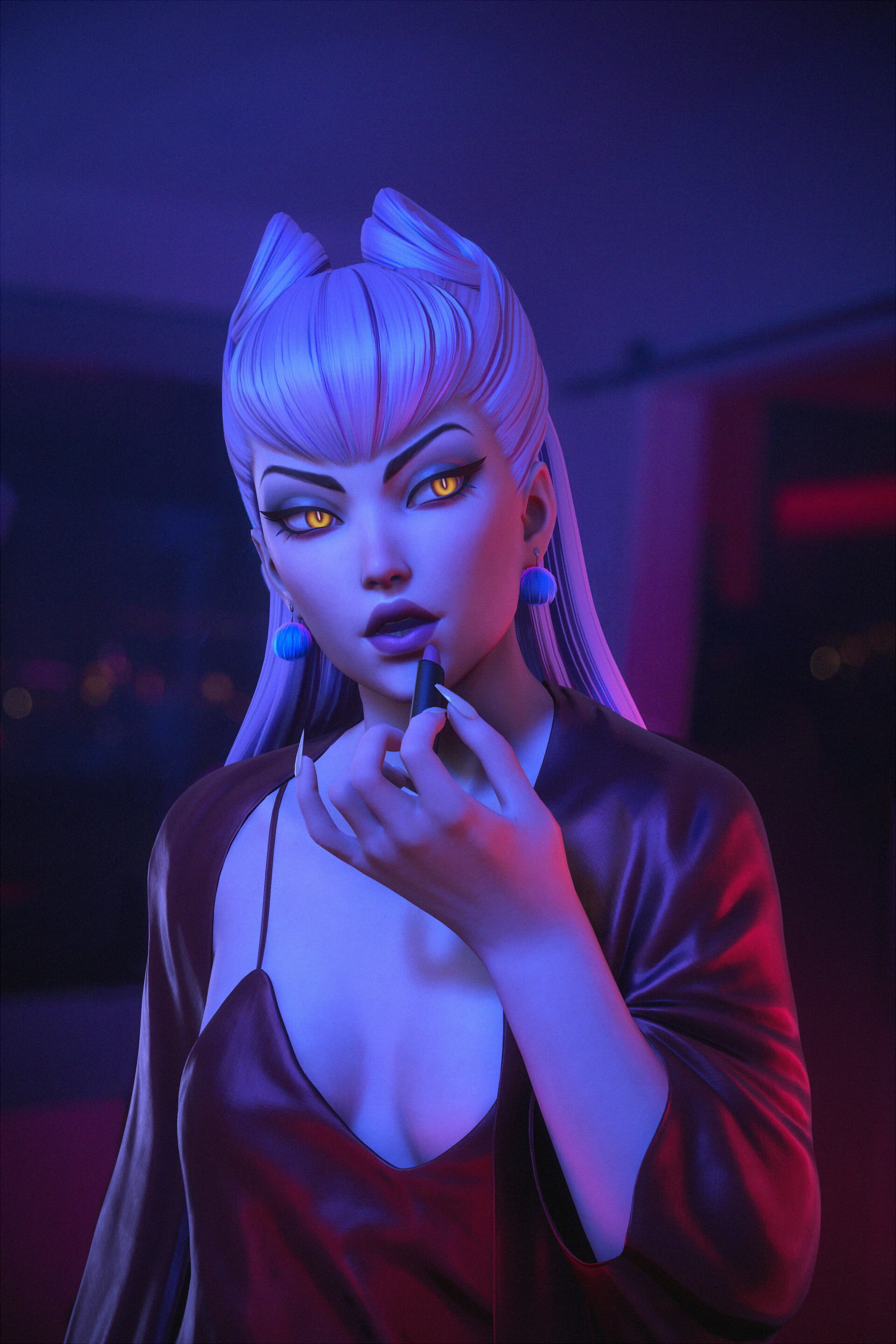 digital painting, blonde, women, yellow eyes, 3D, lipstick, portrait display, looking away, artwork, KDA Evelynn, cleavage, long hair, 2K, ArtStation, Phone HD Wallpaper