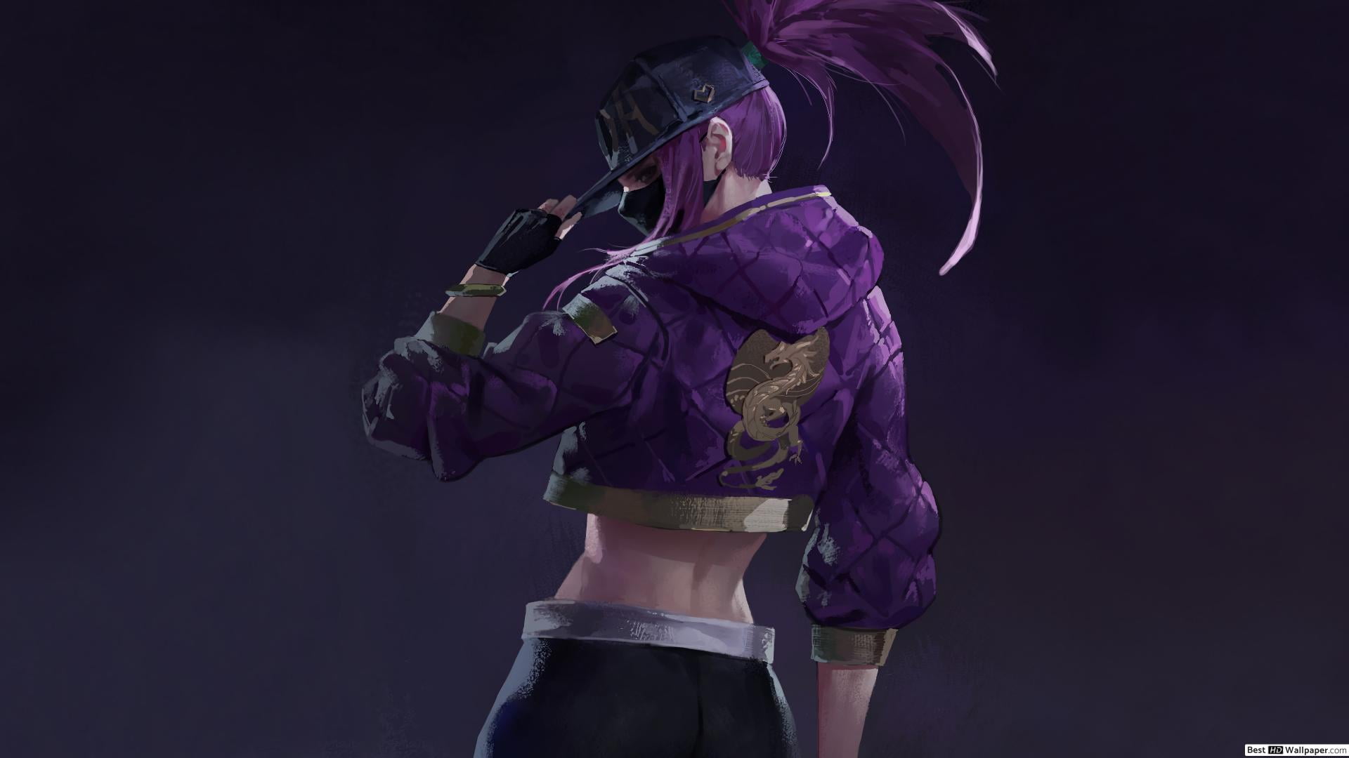 PC gaming, video games, painting, League of Legends, Akali, looking at viewer, simple background, artwork, 1080P, purple background, Akali(League of Legends, HD Wallpaper